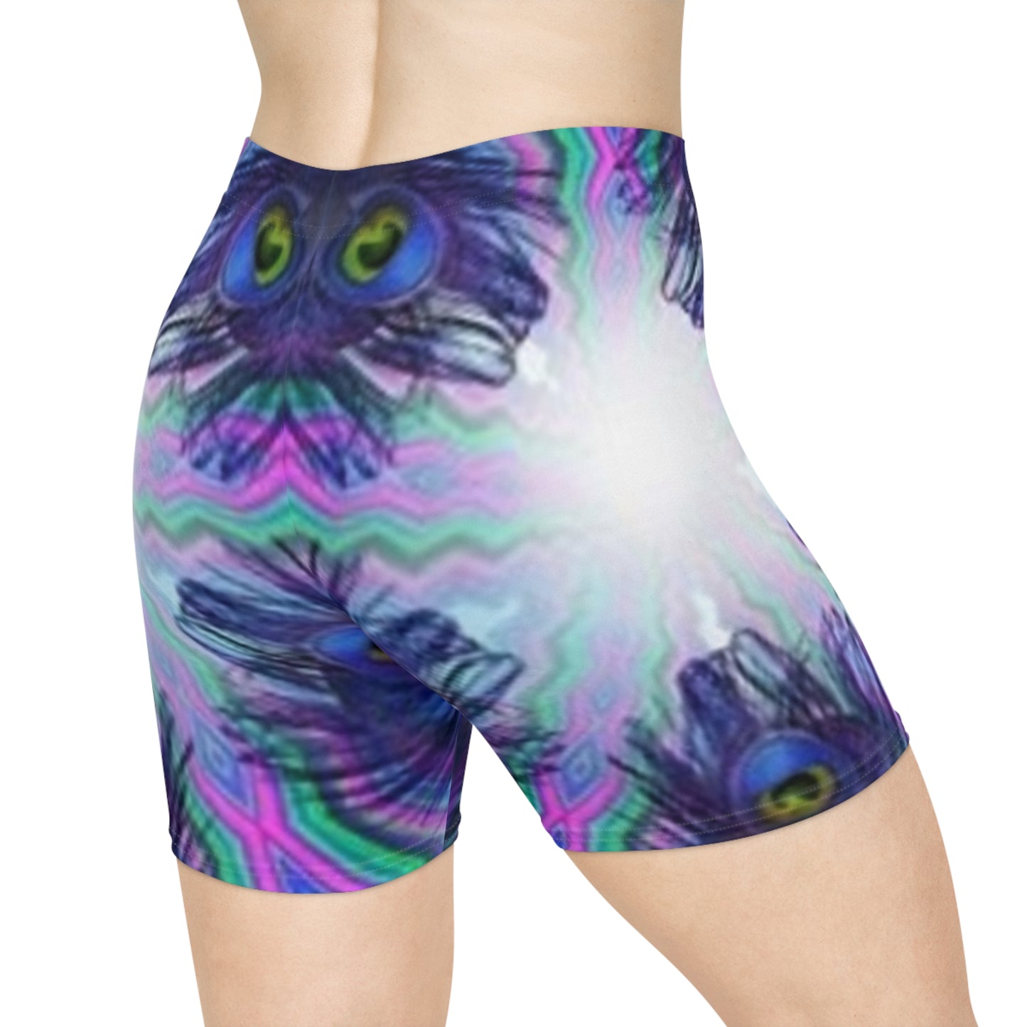Vibrant Peacock Print Biker Shorts for Women - Perfect for Workouts and Casual Wear