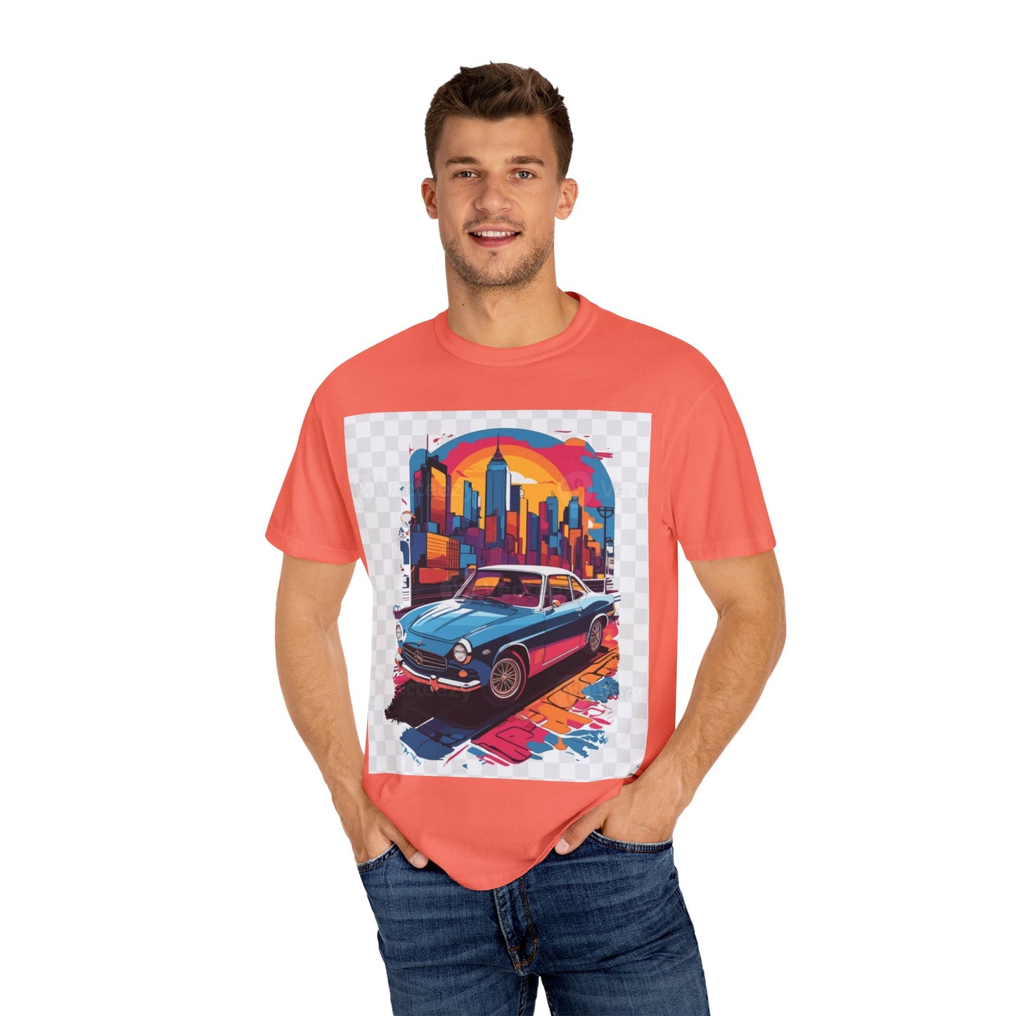 Retro Car Graphic Unisex T-Shirt - Colorful Cityscape Design