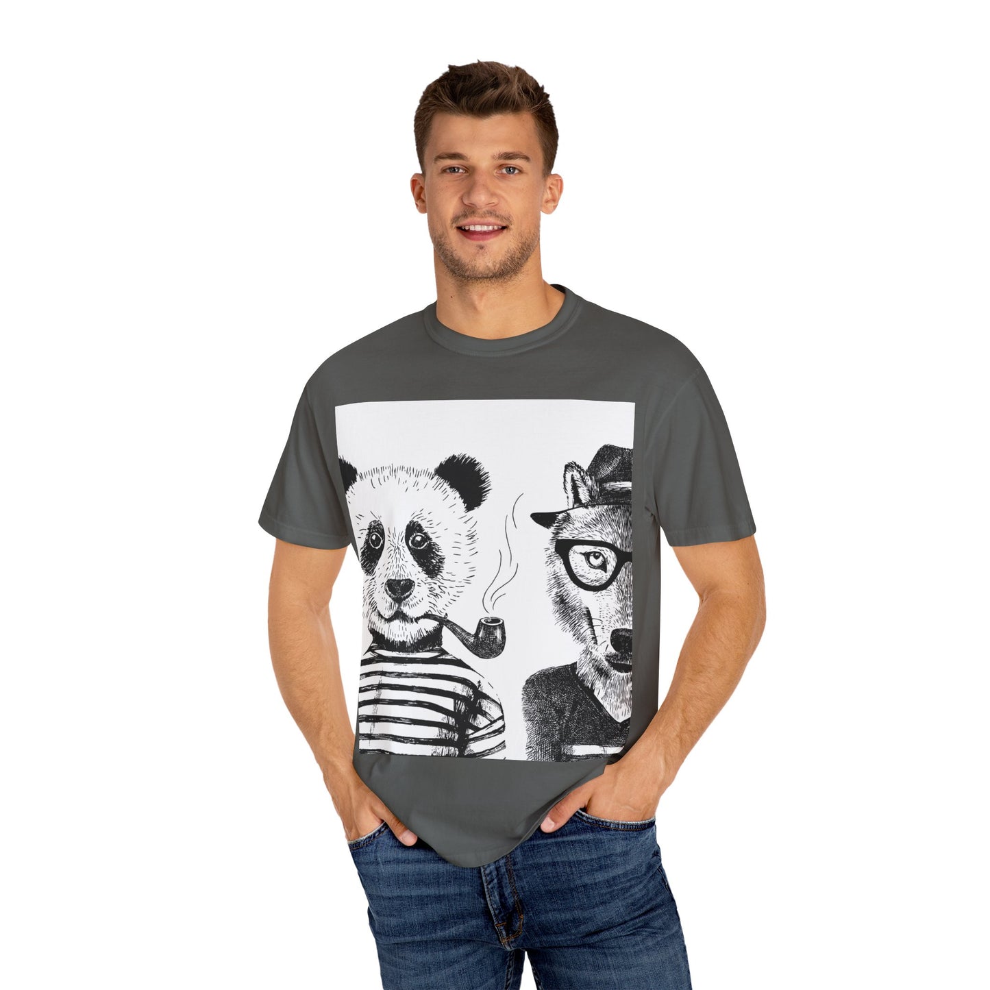 Whimsical Animal Friends T-Shirt - Stylish Panda & Wolf Design