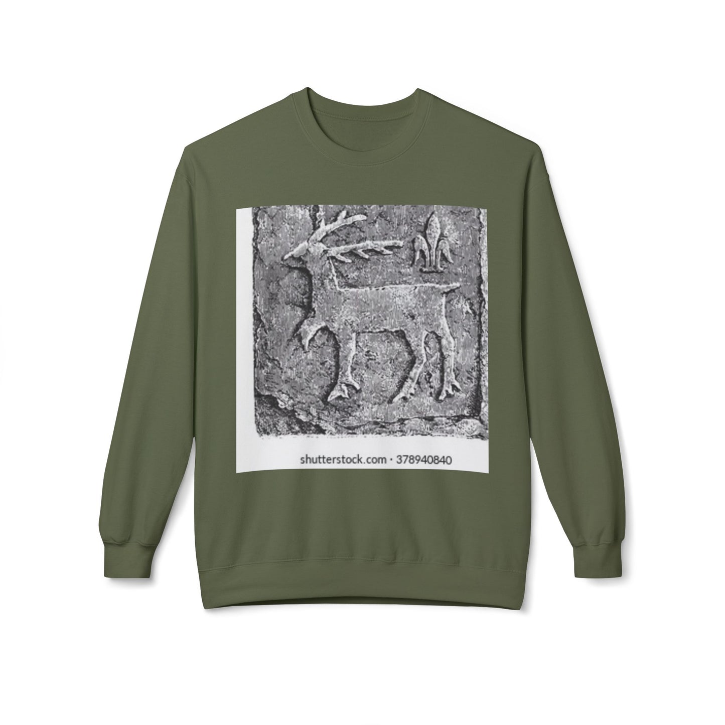 Vintage-Inspired Fleece Crewneck Sweatshirt with Ancient Deer Design