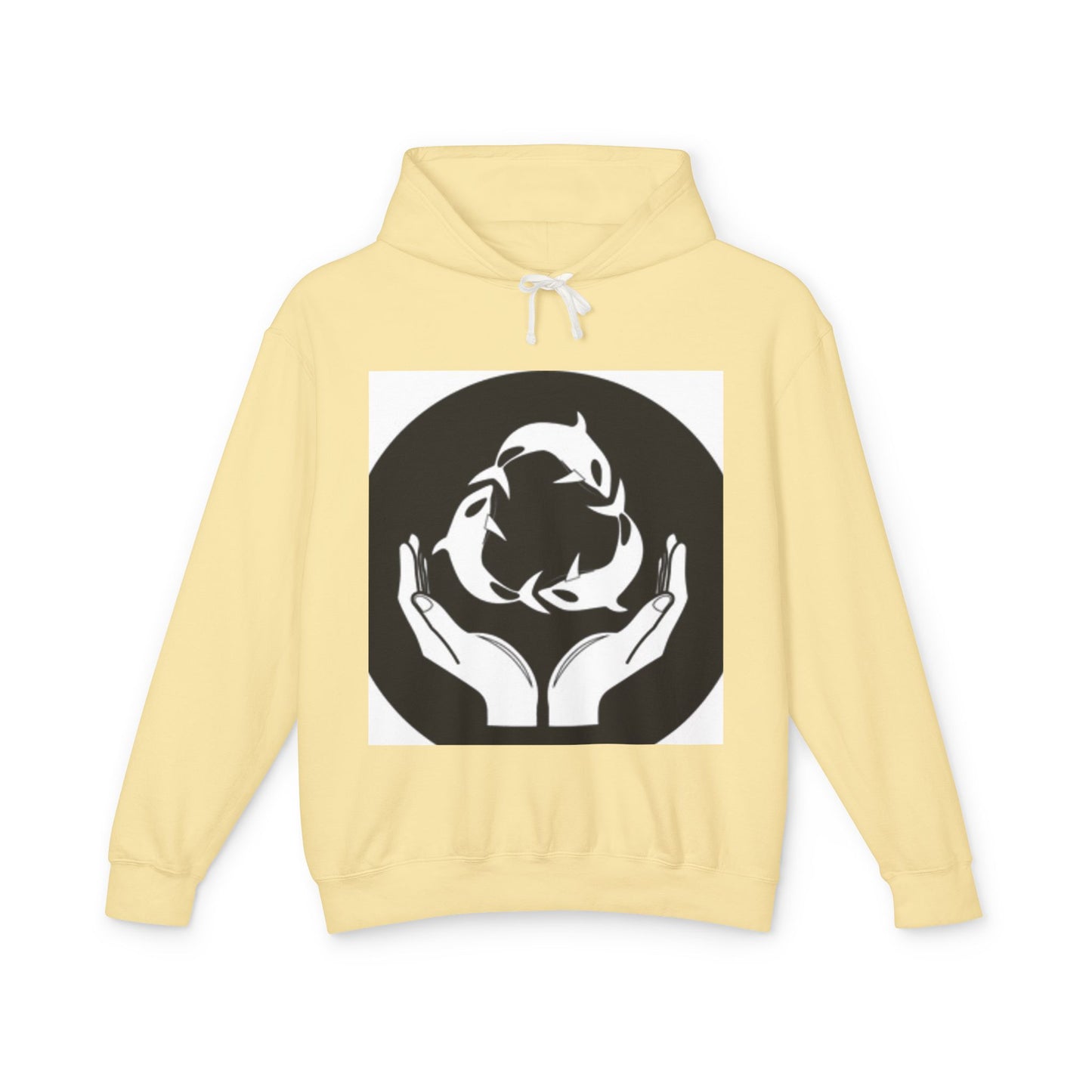 Eco-Friendly Unisex Lightweight Hooded Sweatshirt - Hands and Fish Design