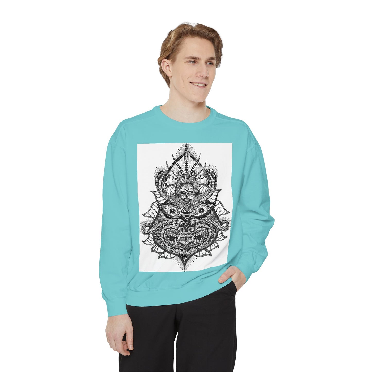 Unique Unisex Garment-Dyed Sweatshirt with Intricate Graphic Design