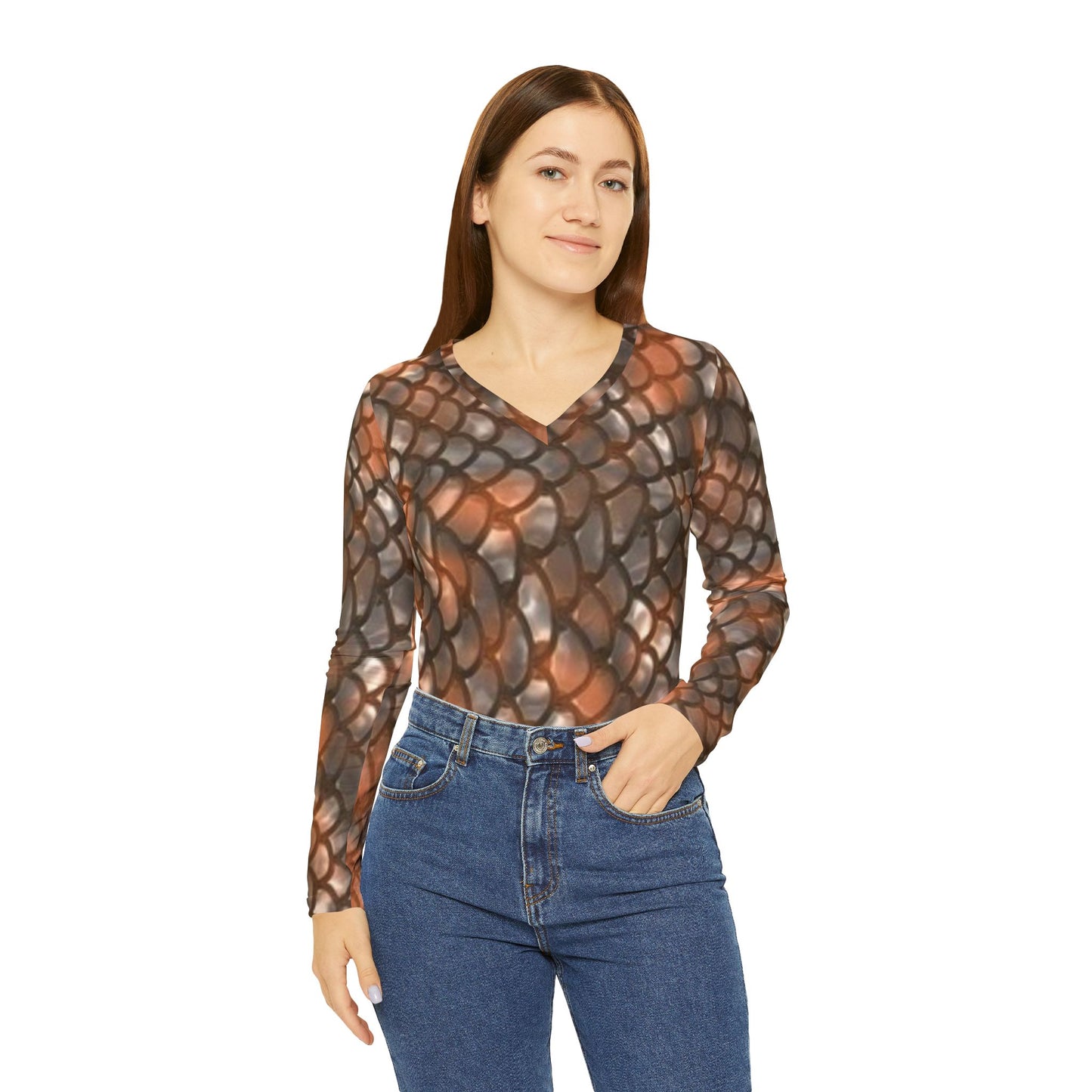 Women's V-Neck Long Sleeve Shirt - Stylish Scales Design for Everyday Wear