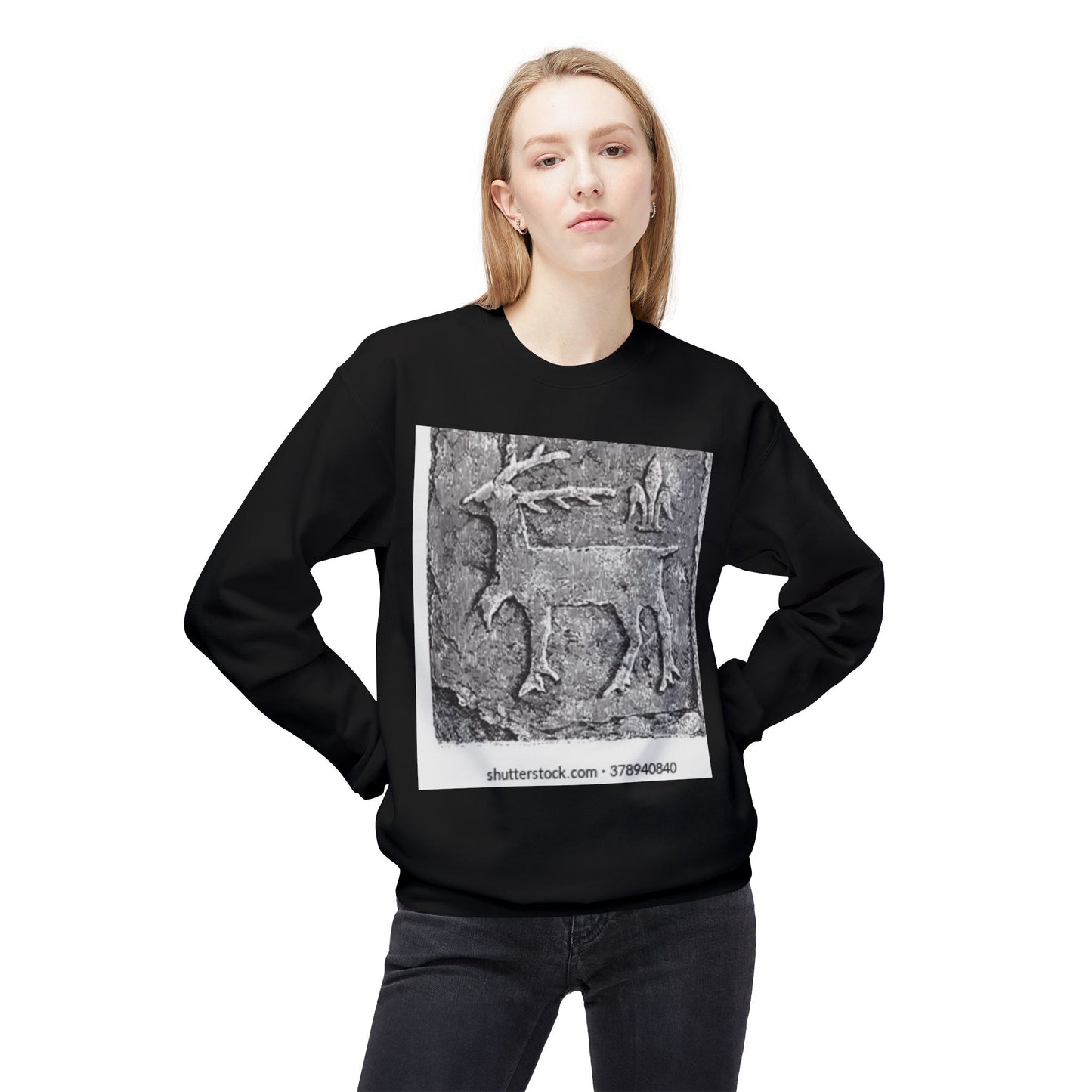 Vintage-Inspired Fleece Crewneck Sweatshirt with Ancient Deer Design