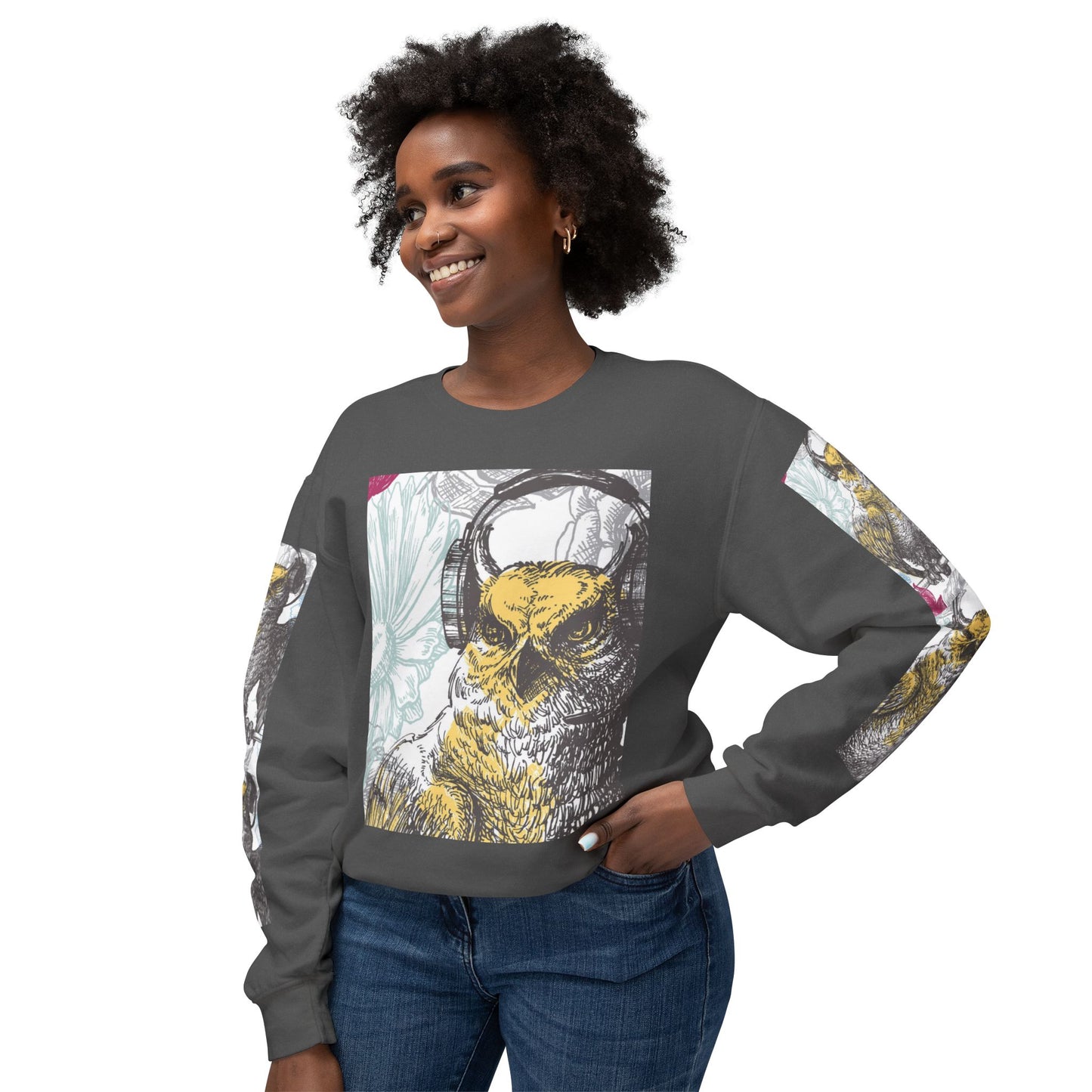 Music Lover's Owl Graphic Crewneck Sweatshirt - Unisex Lightweight Design