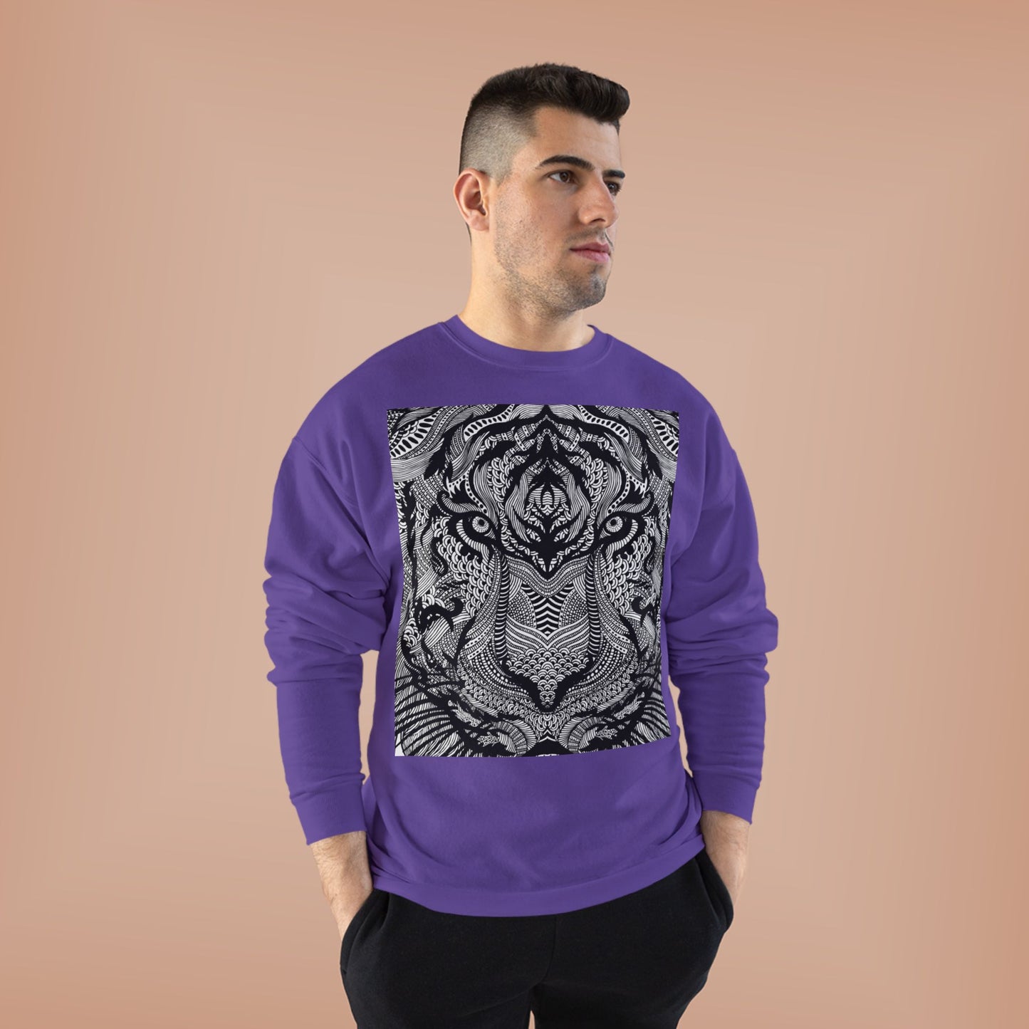 Unisex EcoSmart Tiger Graphic Crewneck Sweatshirt - Bold Black & White Design