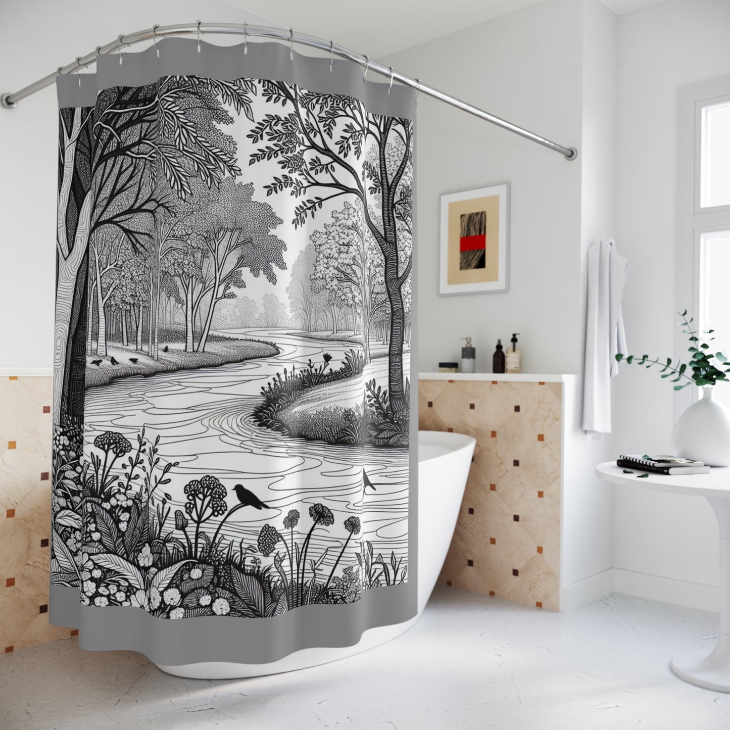 Nature-Inspired Shower Curtain with Scenic Landscape Design