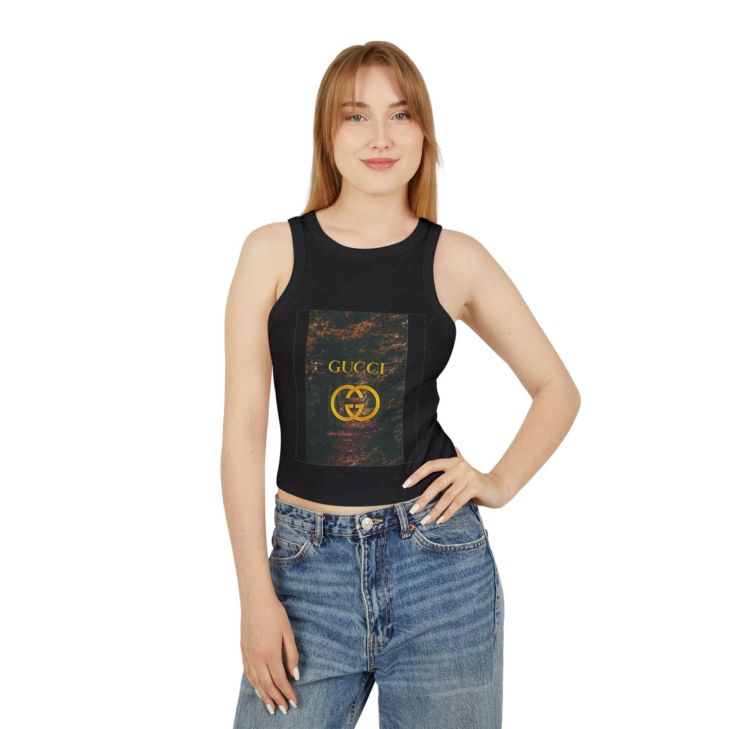 Trendy Women's Micro Rib Racer Tank Top with GUCCI Graphic - Casual Chic Style for Everyday Wear