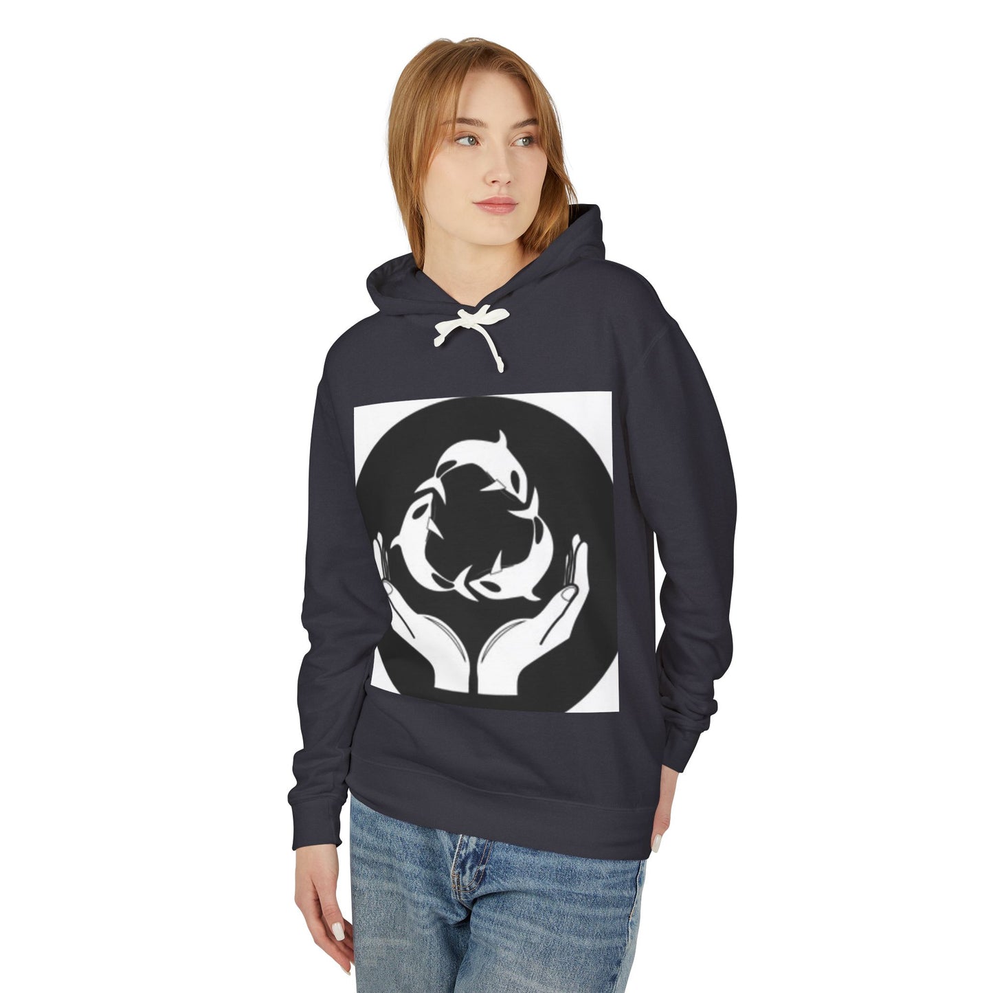 Eco-Friendly Unisex Lightweight Hooded Sweatshirt - Hands and Fish Design