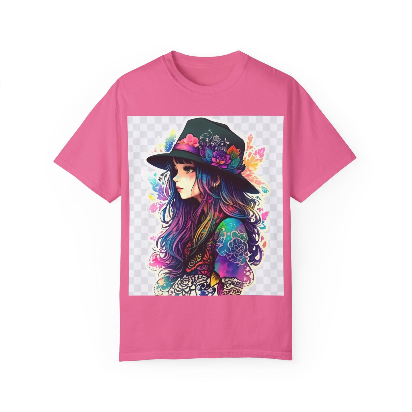 Vibrant Bohemian T-Shirt with Colorful Tattooed Girl Design