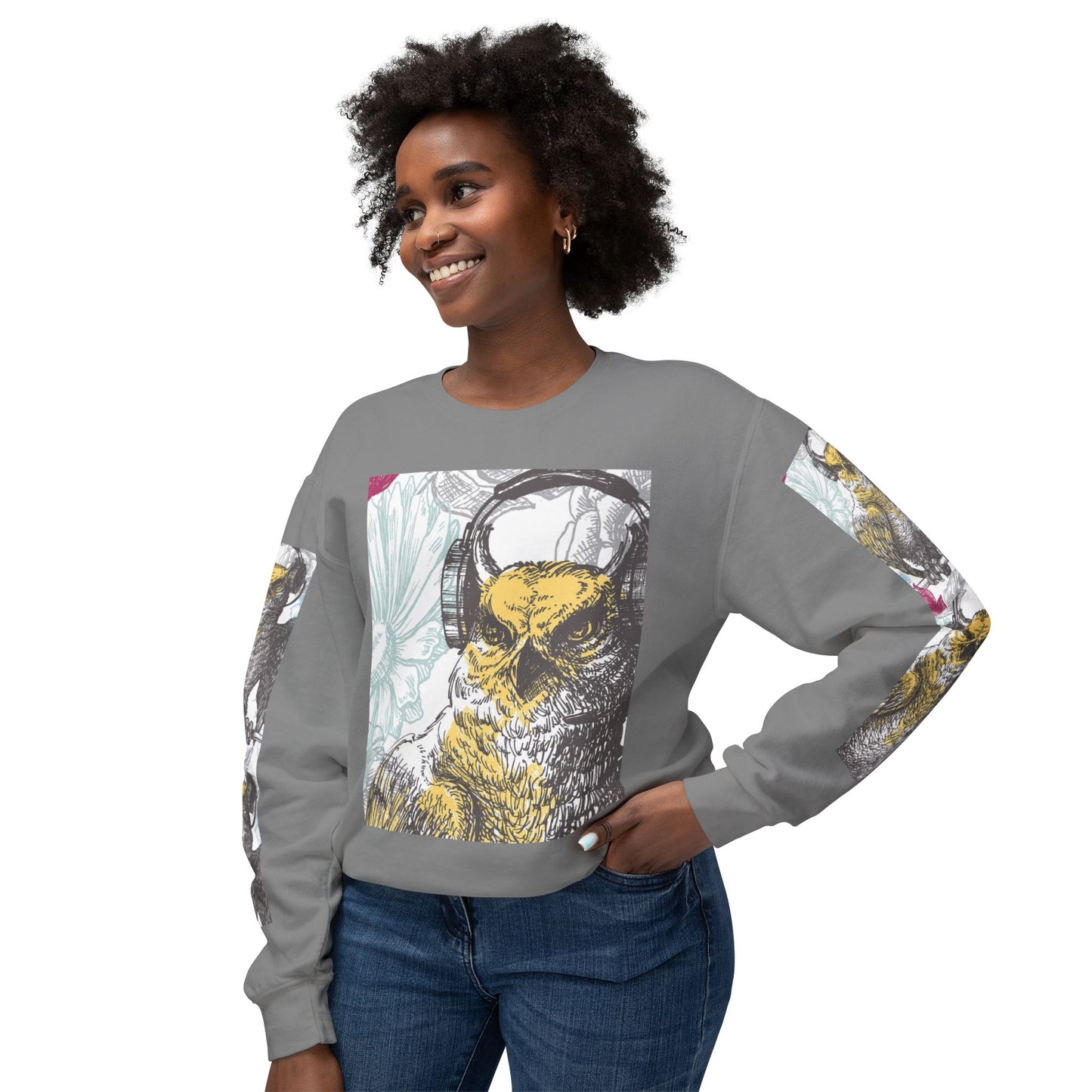 Music Lover's Owl Graphic Crewneck Sweatshirt - Unisex Lightweight Design