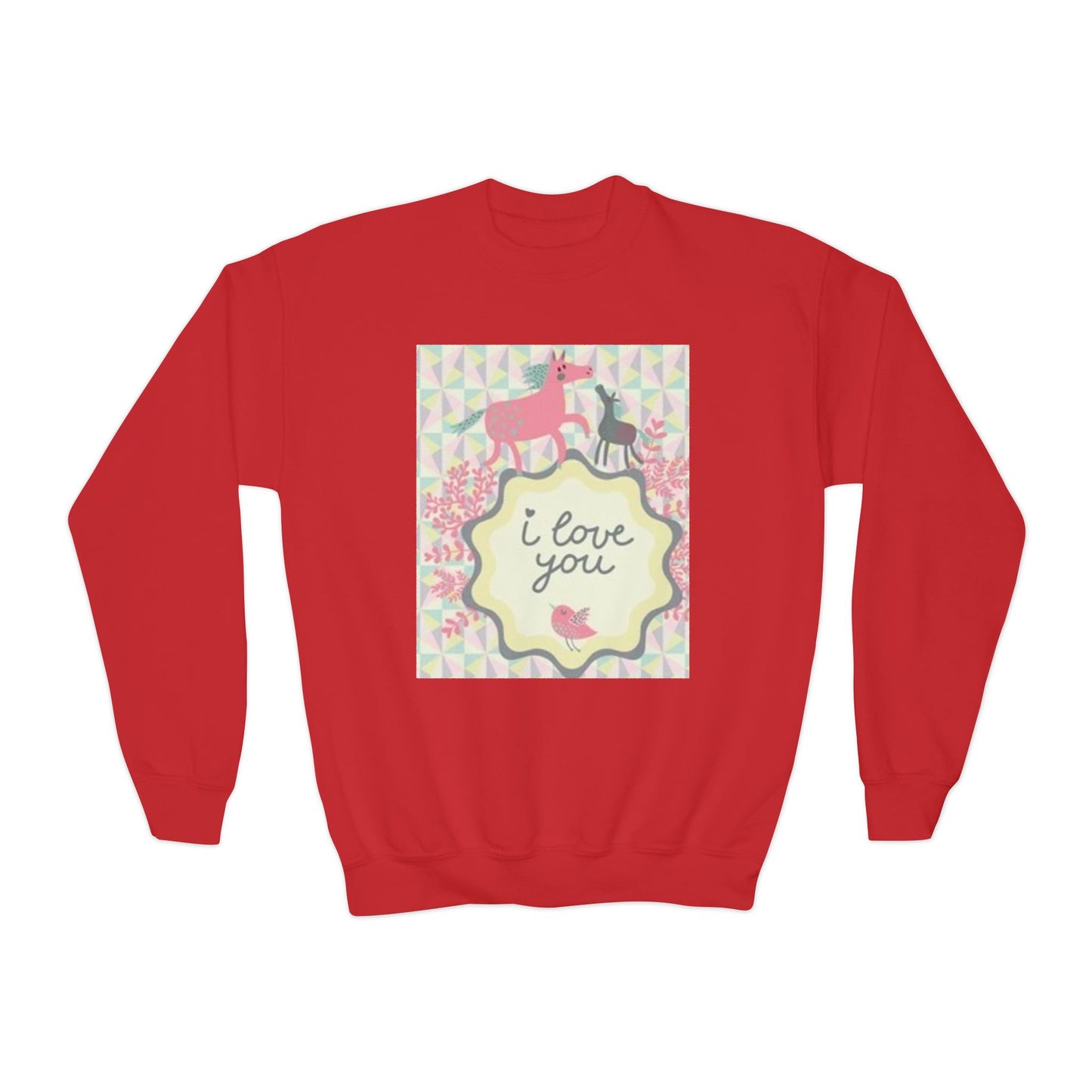 Youth Crewneck Sweatshirt with "I Love You" Unicorn Design