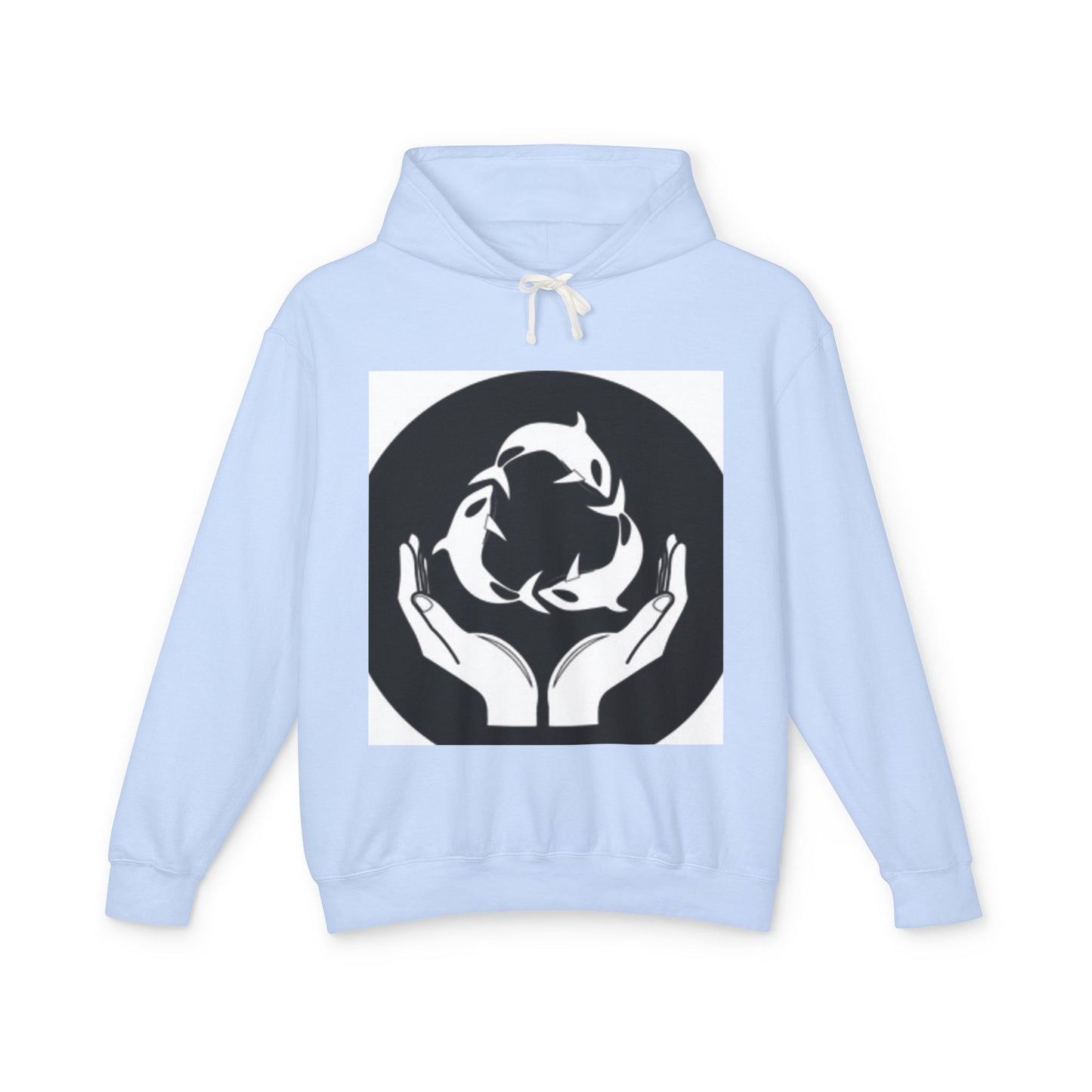Eco-Friendly Unisex Lightweight Hooded Sweatshirt - Hands and Fish Design