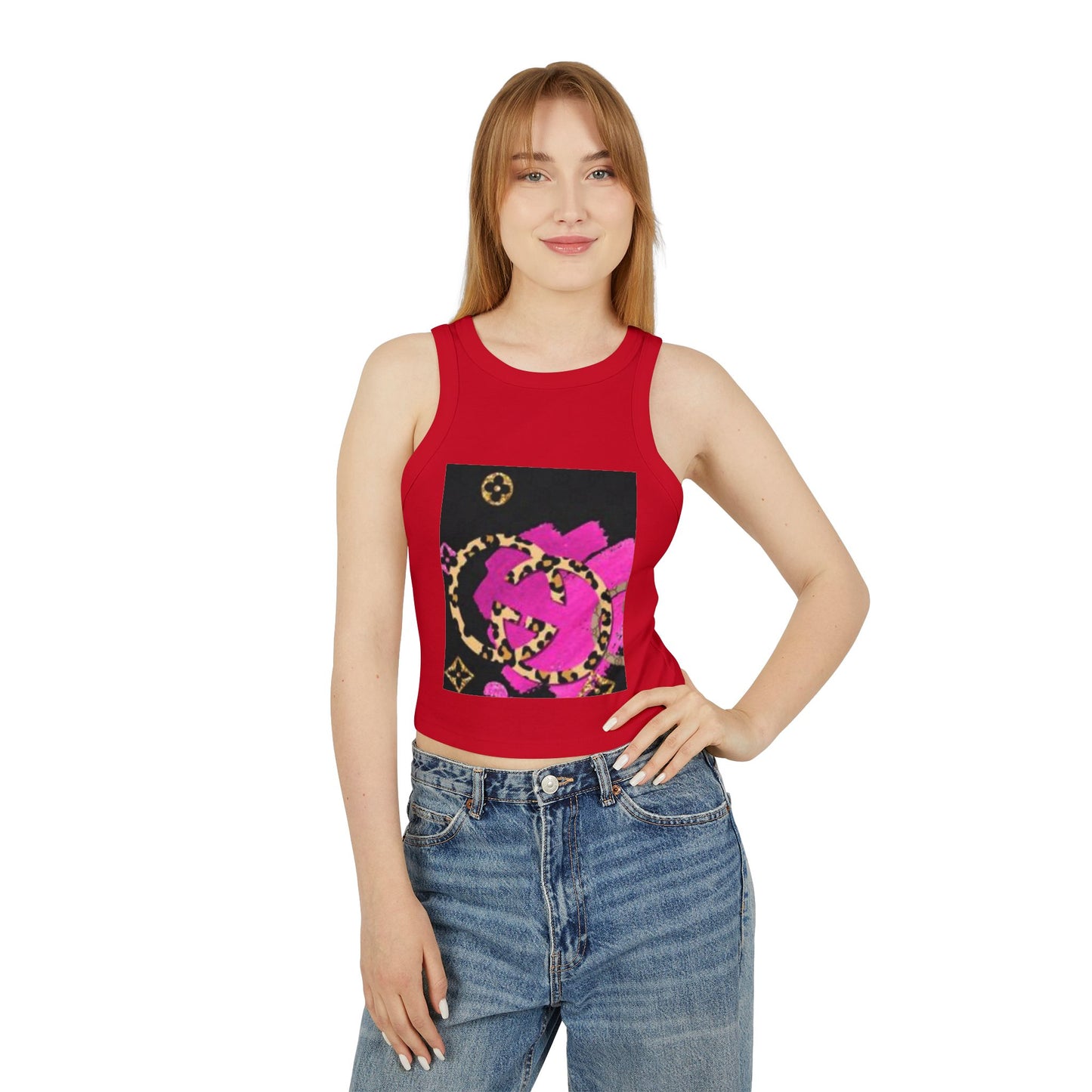 Chic Women's Micro Rib Racer Tank Top with Bold Graphic Print