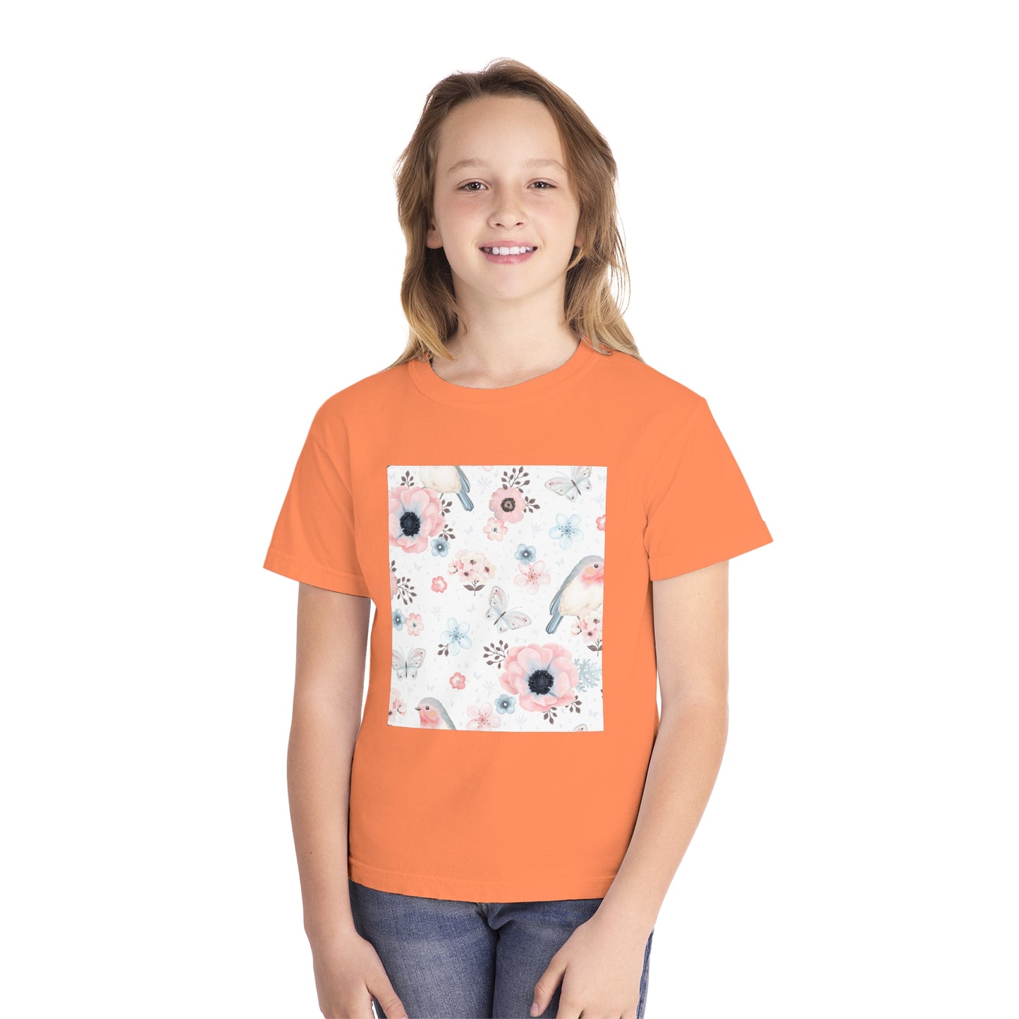 Floral Bird Youth Tee - Soft Midweight T-Shirt for Nature Lovers