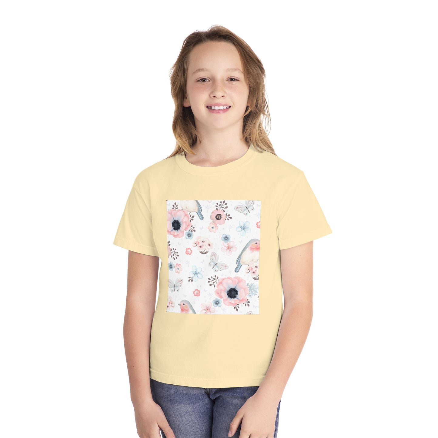 Floral Bird Youth Tee - Soft Midweight T-Shirt for Nature Lovers