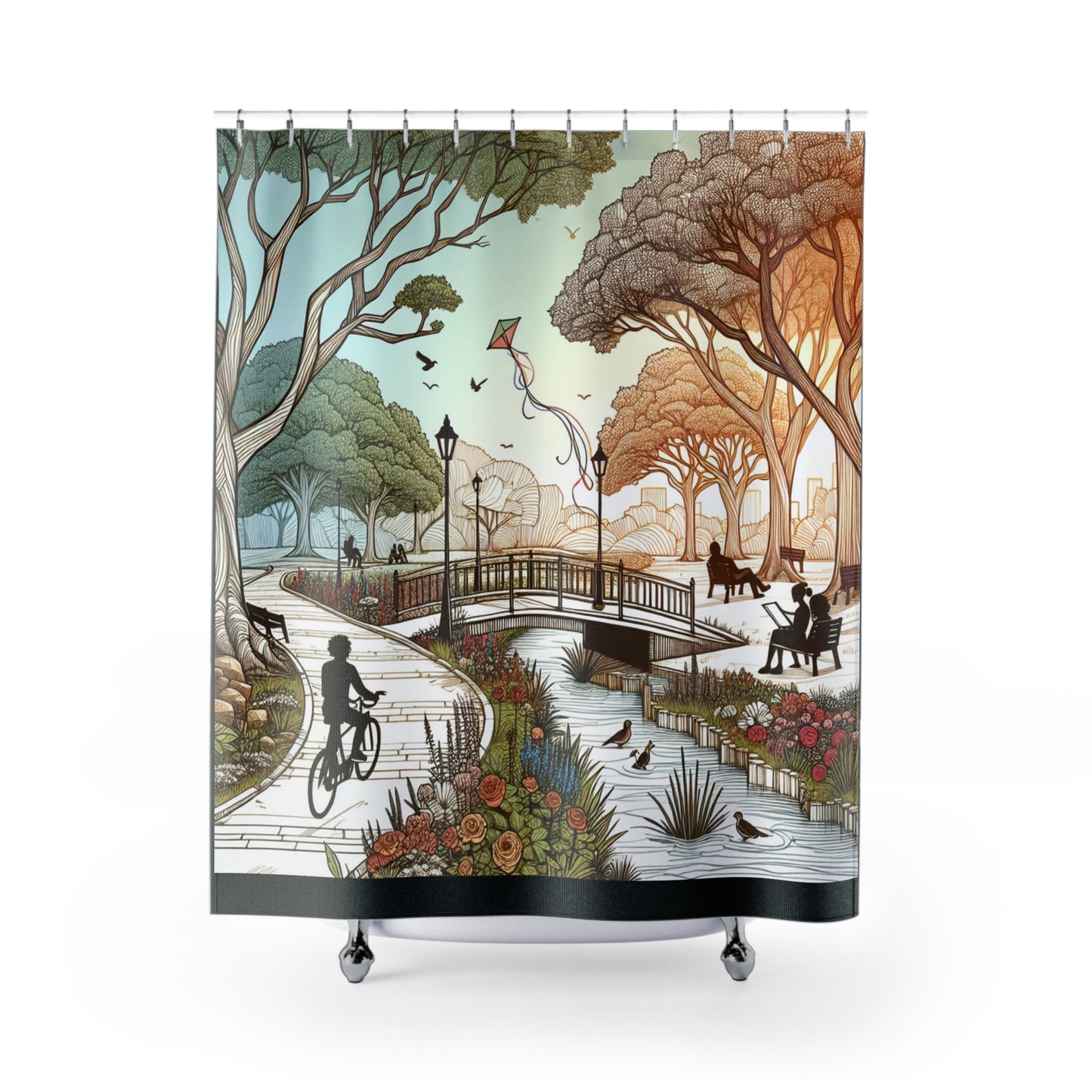Nature Pathway Shower Curtain - Scenic Park View with Kites and Trees