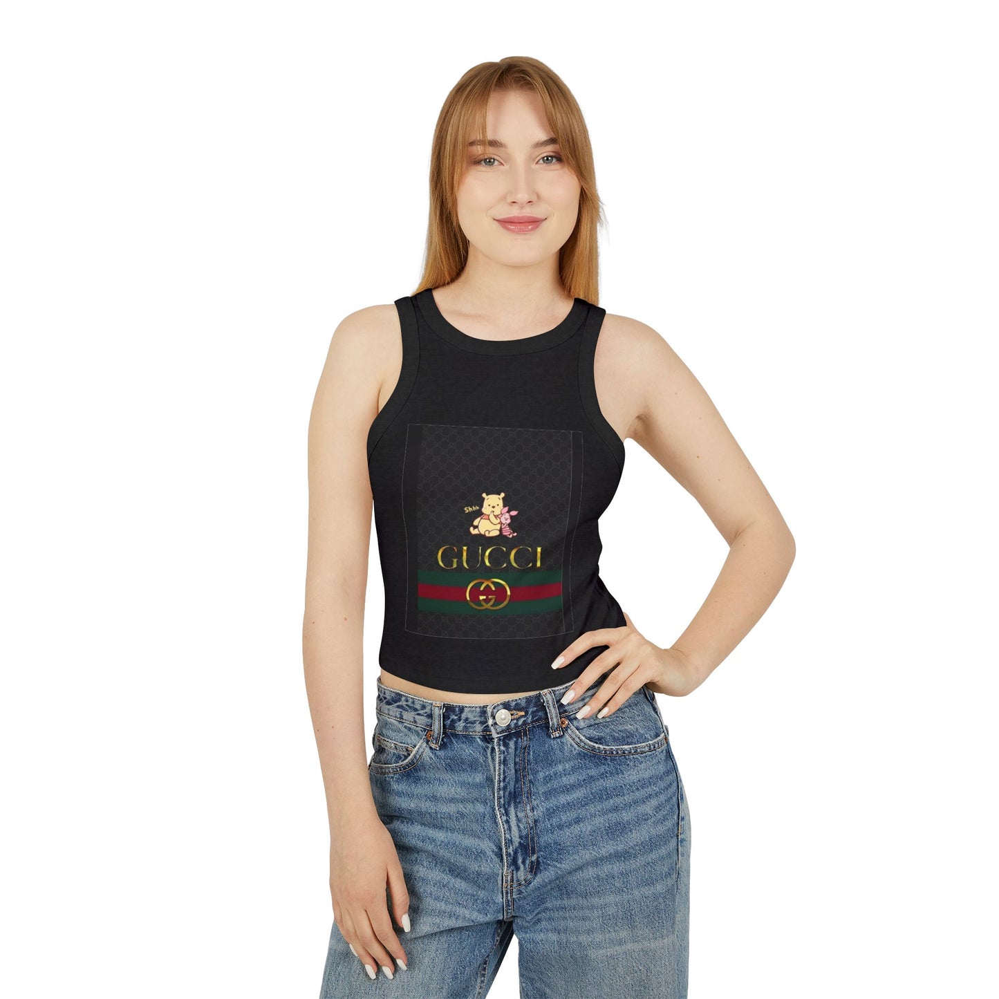 Stylish Women's Micro Rib Racer Tank Top with Gucci-Inspired Design
