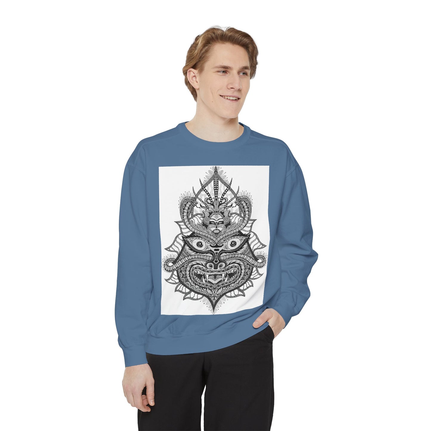 Unique Unisex Garment-Dyed Sweatshirt with Intricate Graphic Design