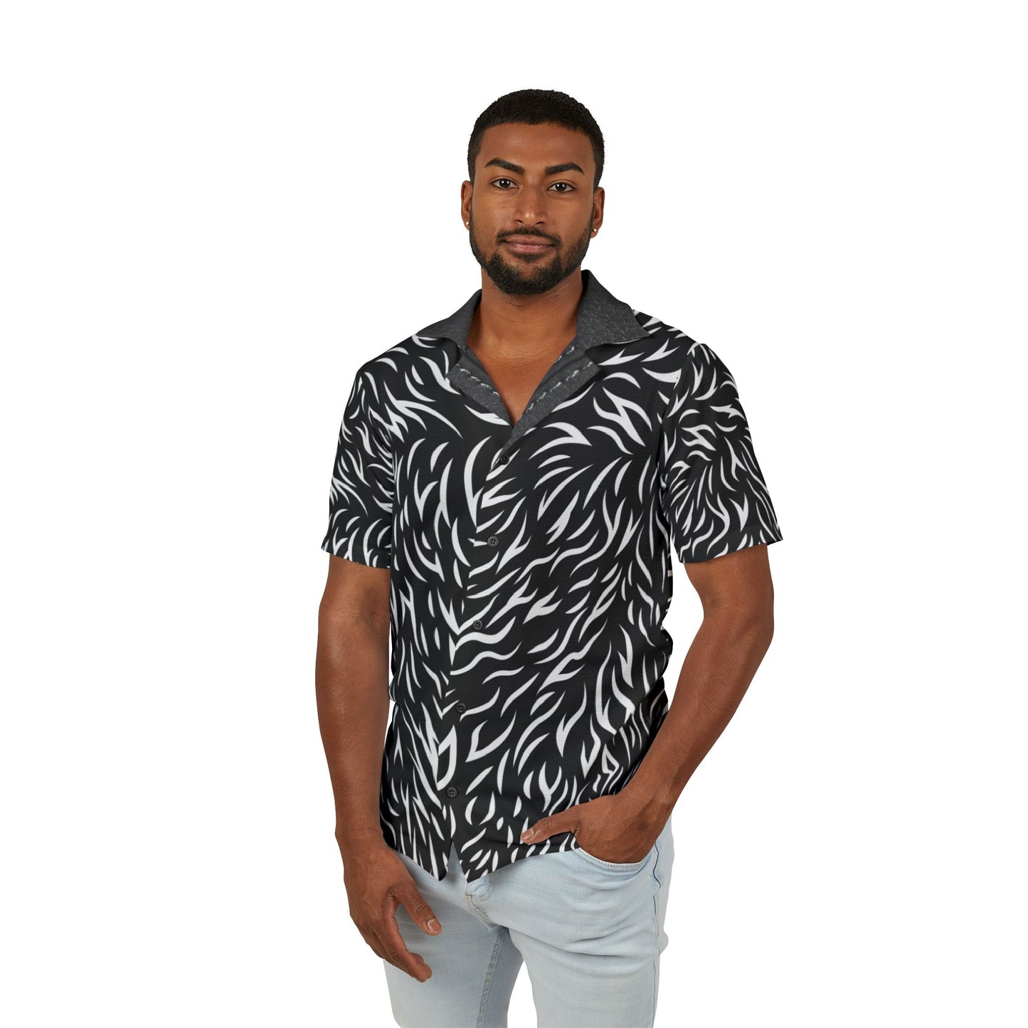 Stylish Men's Hawaiian Camp Shirt - Black Wave Design