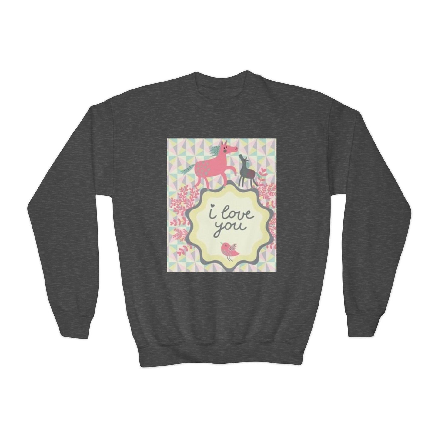Youth Crewneck Sweatshirt with "I Love You" Unicorn Design