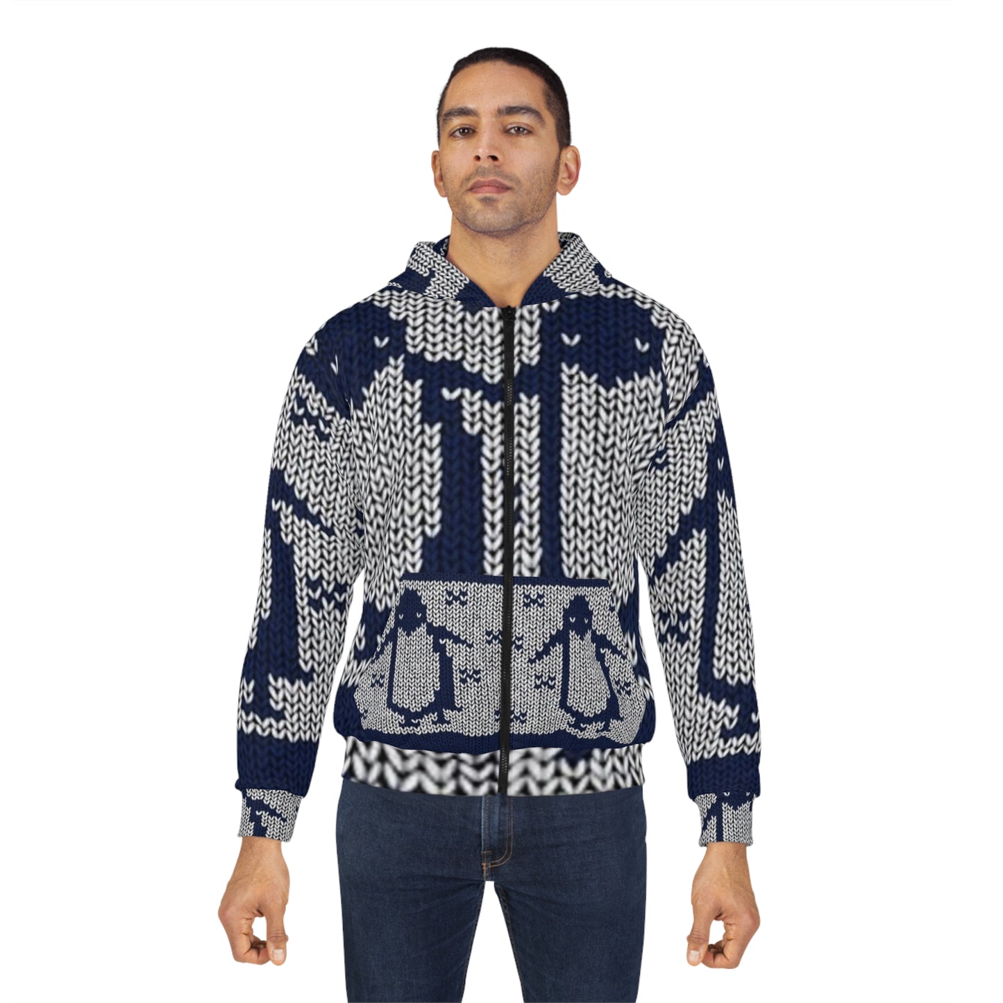 Cozy Penguin Knit Unisex Zip Hoodie - Perfect for Winter Adventures