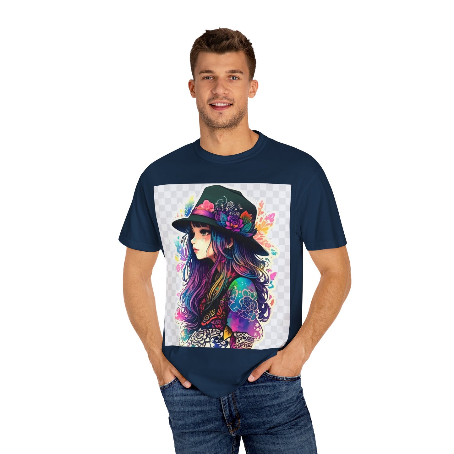 Vibrant Bohemian T-Shirt with Colorful Tattooed Girl Design