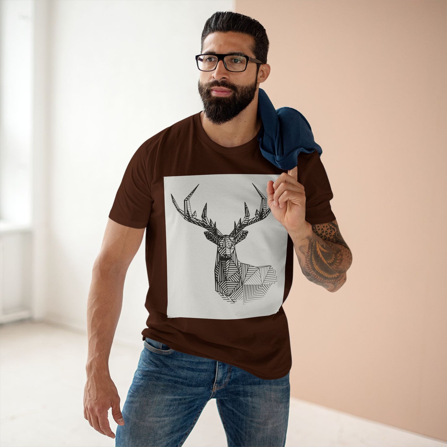 Geometric Deer & Spider Web Adult Staple Tee - Nature-Inspired Graphic T-Shirt for Outdoor Enthusiasts