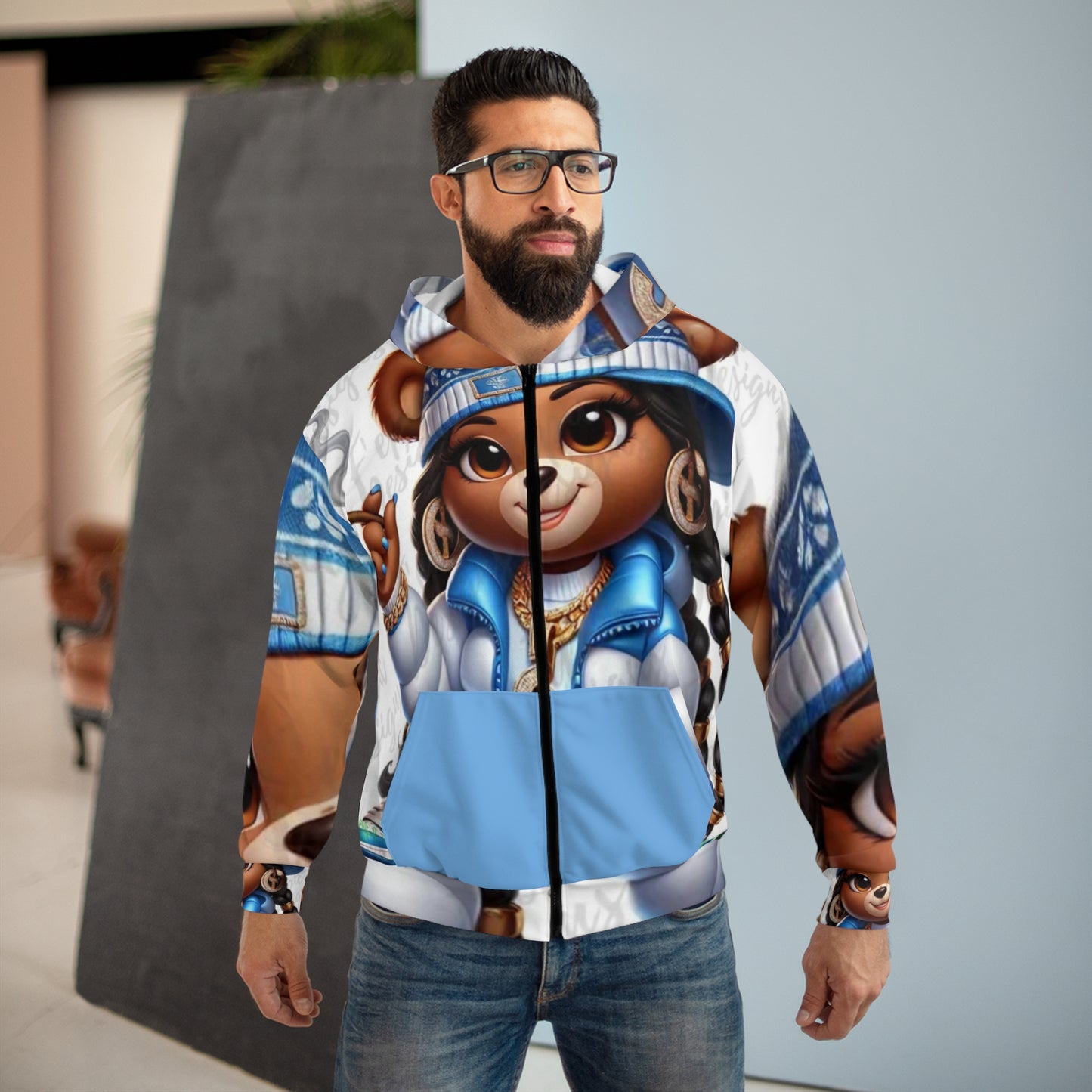 Hip-Hop Style Unisex Zip Hoodie with Trendy Bear Illustration