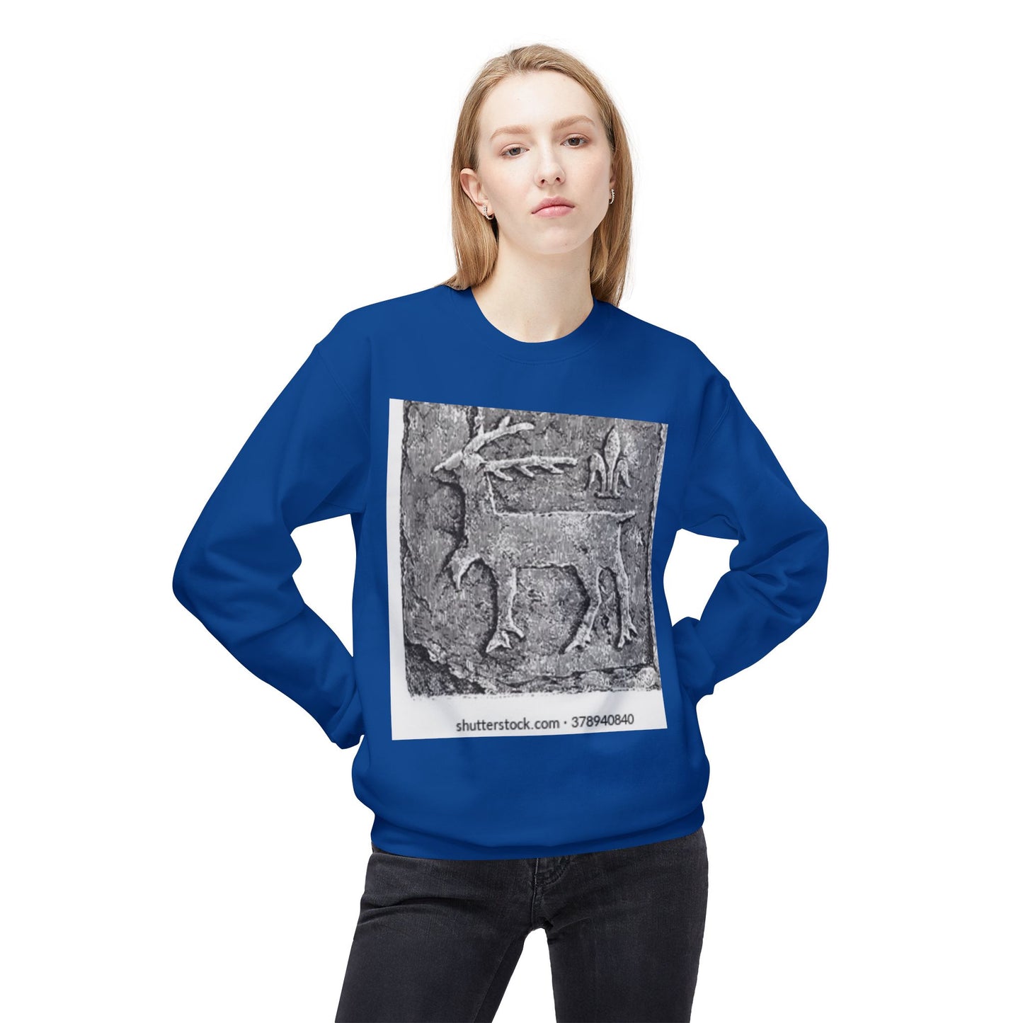Vintage-Inspired Fleece Crewneck Sweatshirt with Ancient Deer Design