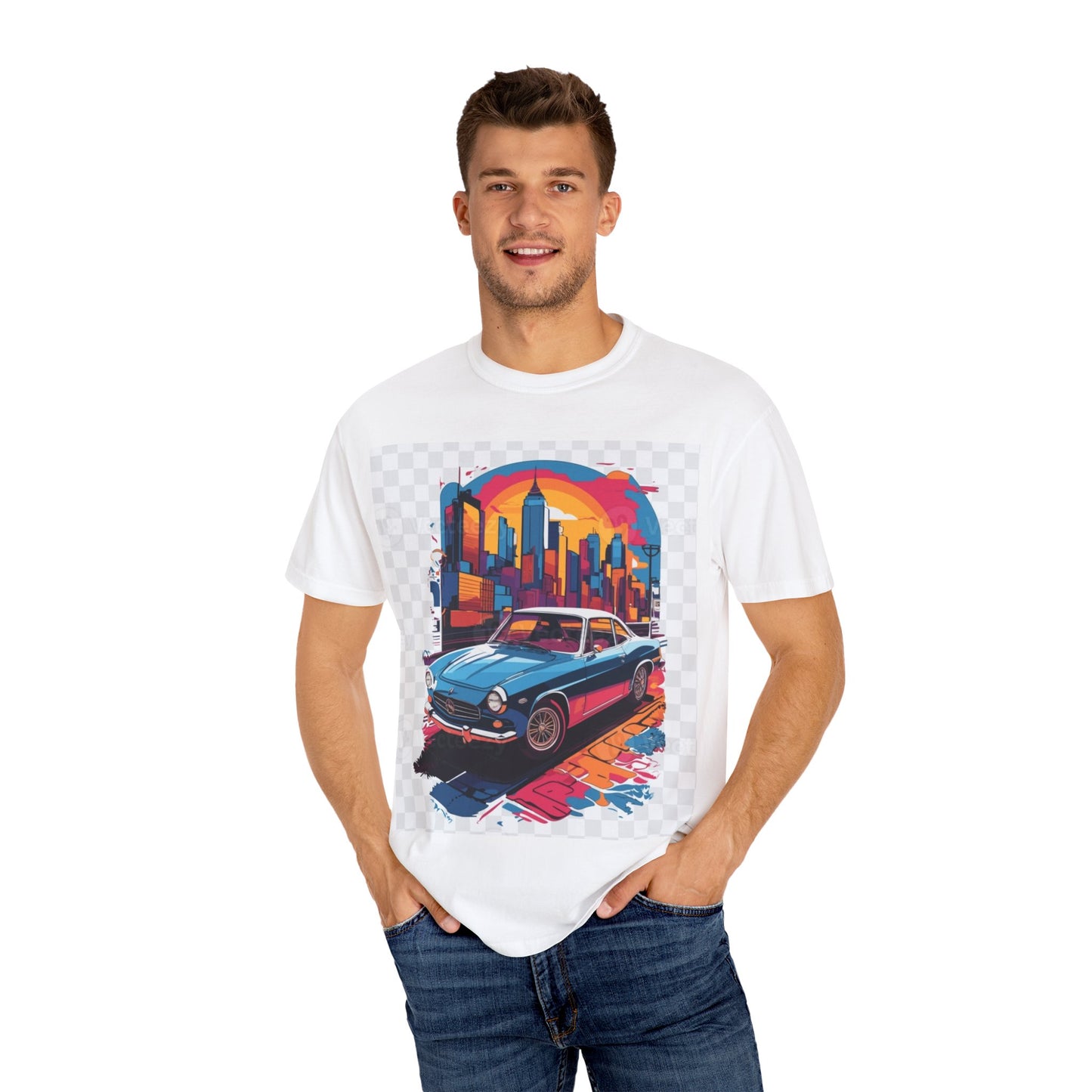 Retro Car Graphic Unisex T-Shirt - Colorful Cityscape Design