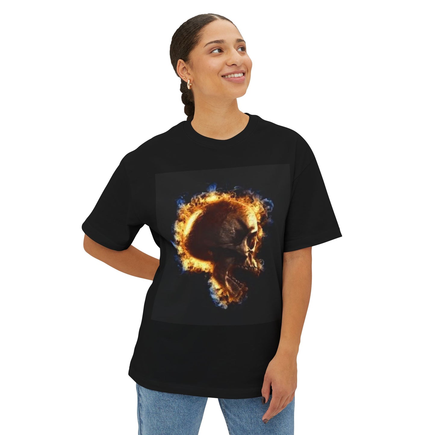 Burning Skull Oversized Boxy Tee - Unisex Graphic Tee for Bold Fashion Enthusiasts