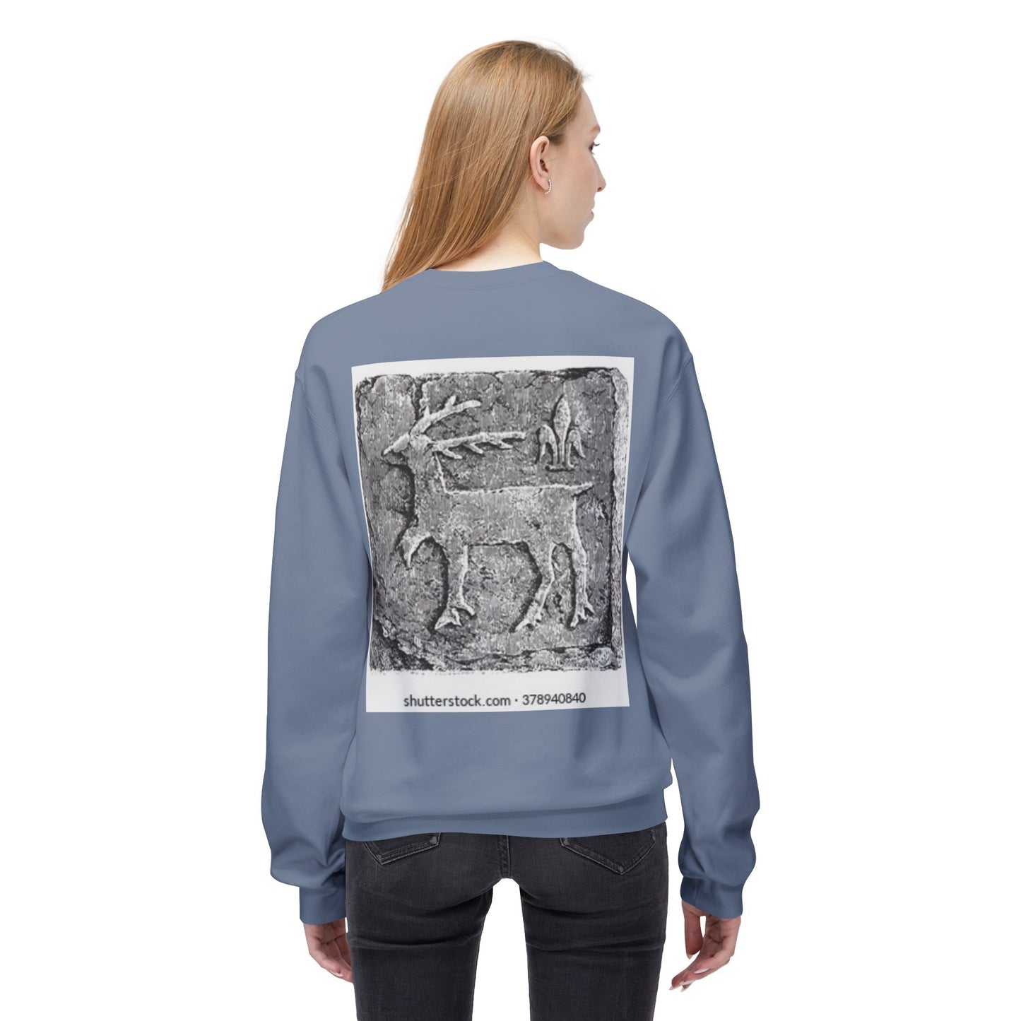 Vintage-Inspired Fleece Crewneck Sweatshirt with Ancient Deer Design