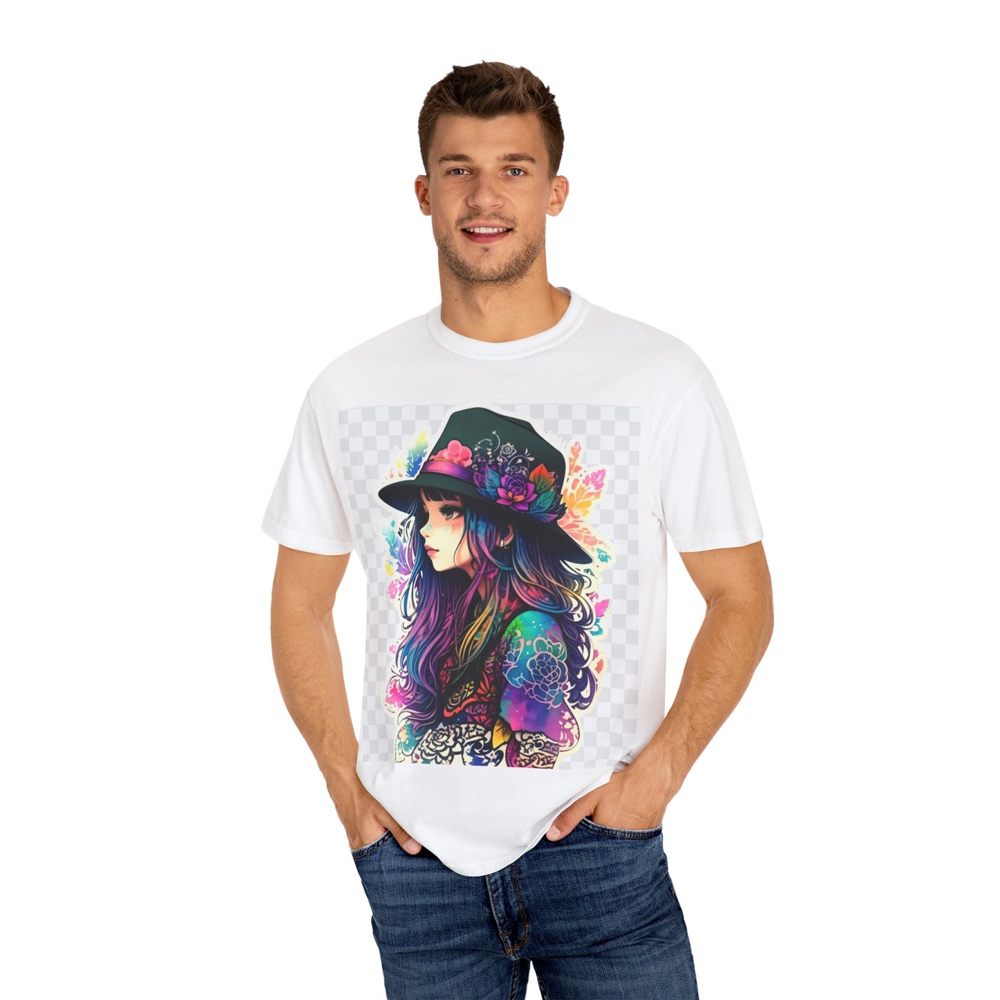 Vibrant Bohemian T-Shirt with Colorful Tattooed Girl Design