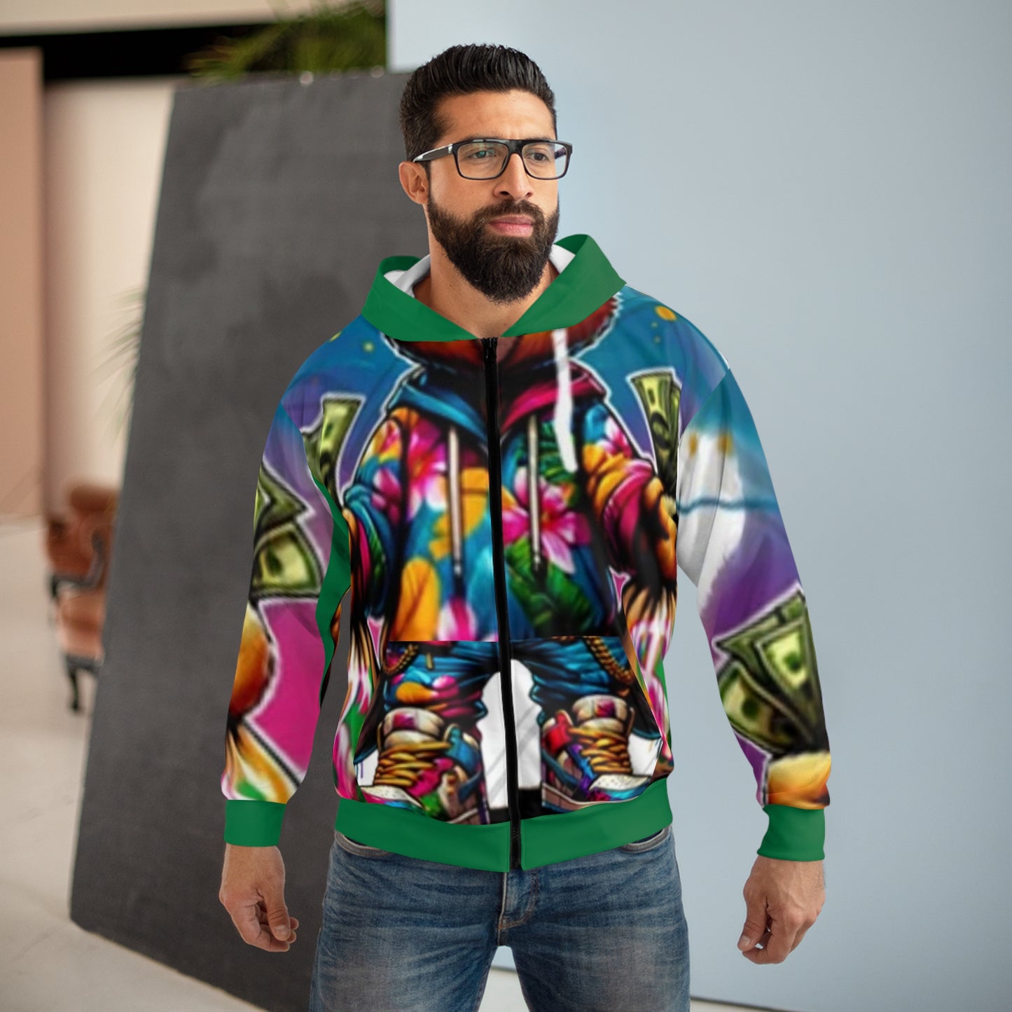 Gangster Bear Unisex Zip Hoodie - Floral Design & Money Bags