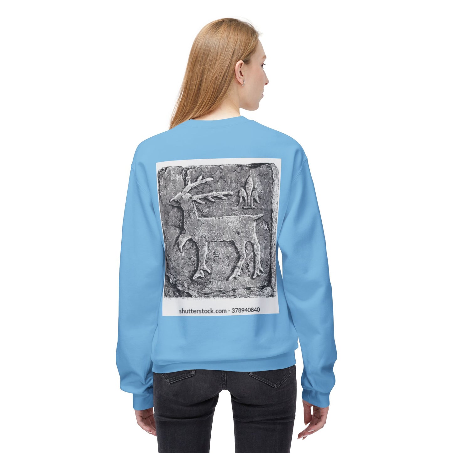 Vintage-Inspired Fleece Crewneck Sweatshirt with Ancient Deer Design