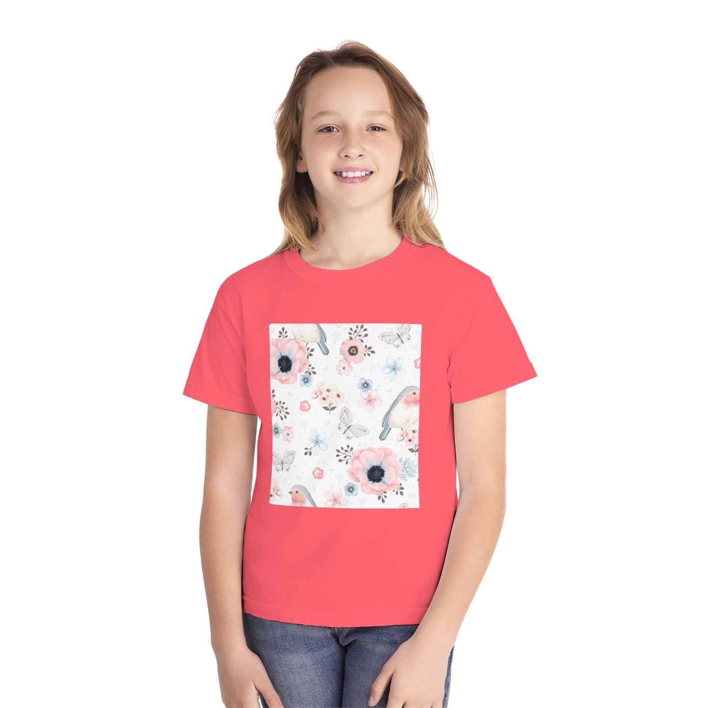 Floral Bird Youth Tee - Soft Midweight T-Shirt for Nature Lovers