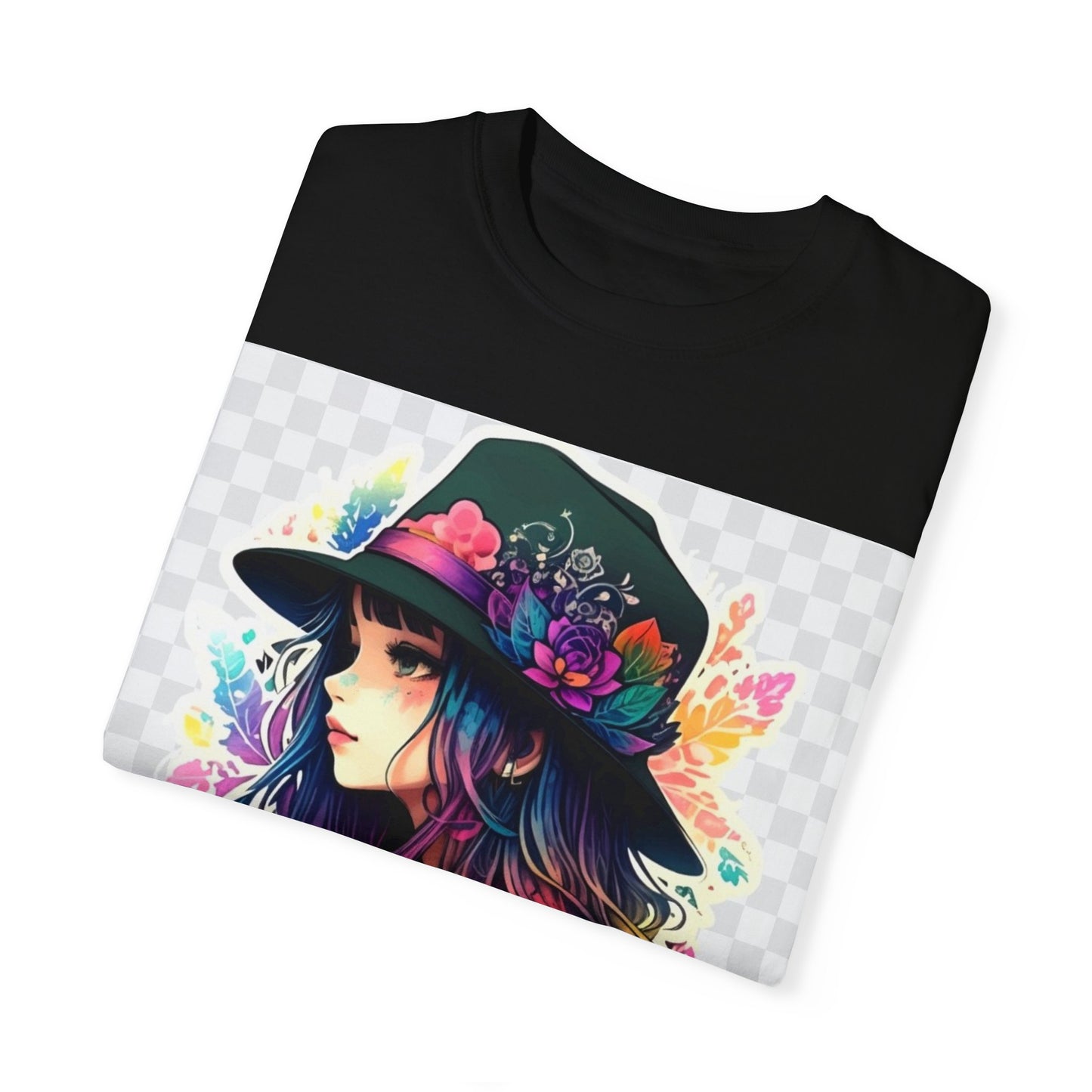 Vibrant Bohemian T-Shirt with Colorful Tattooed Girl Design