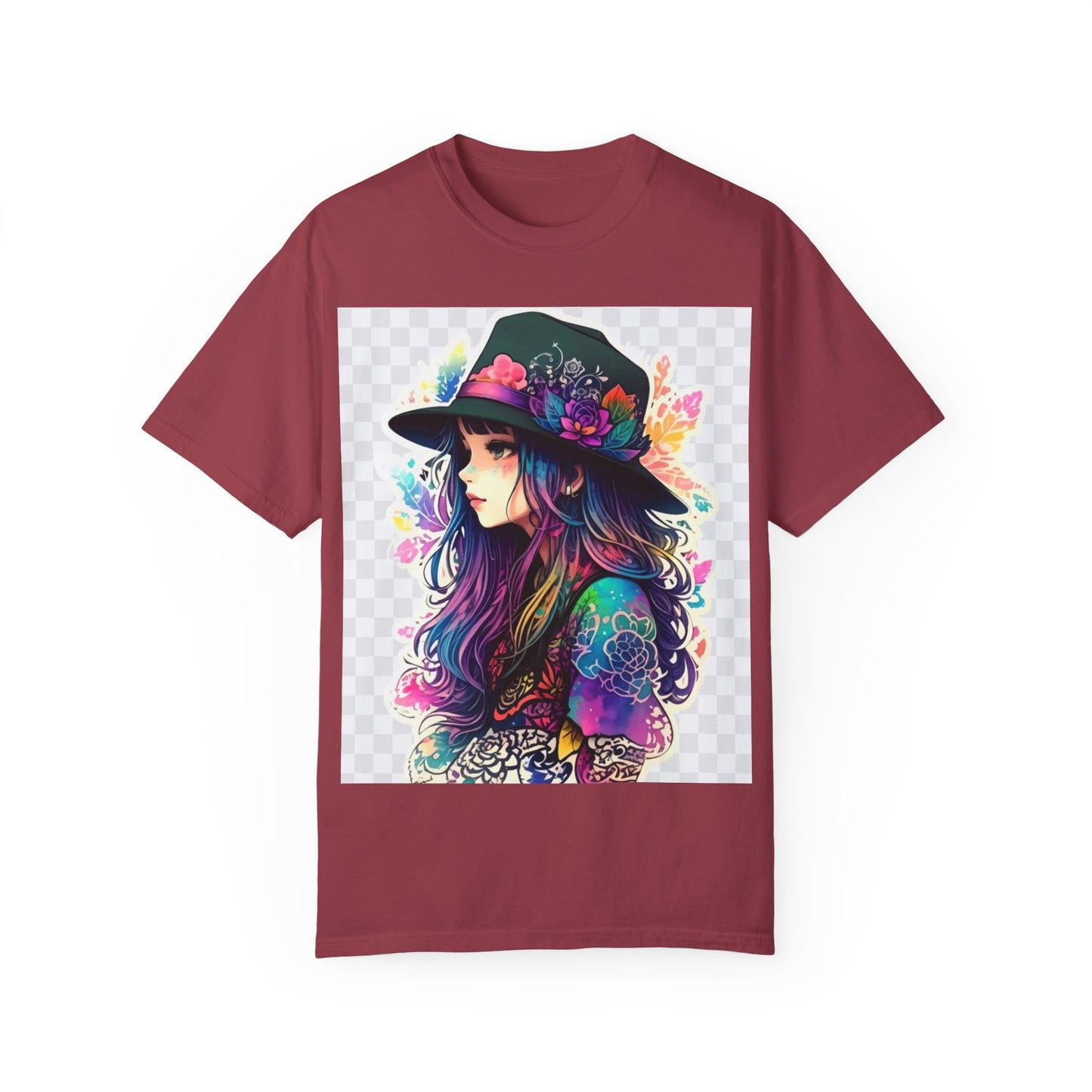 Vibrant Bohemian T-Shirt with Colorful Tattooed Girl Design