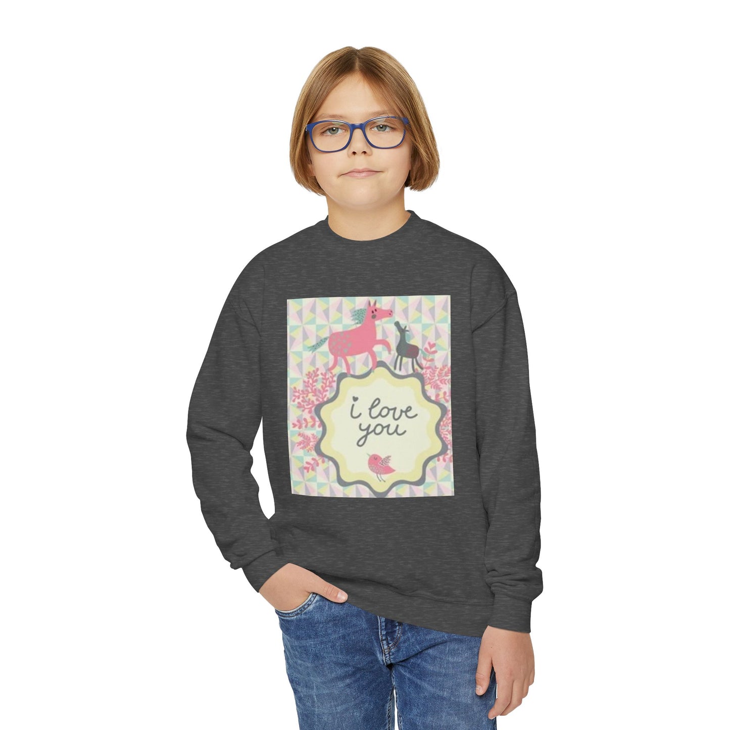 Youth Crewneck Sweatshirt with "I Love You" Unicorn Design
