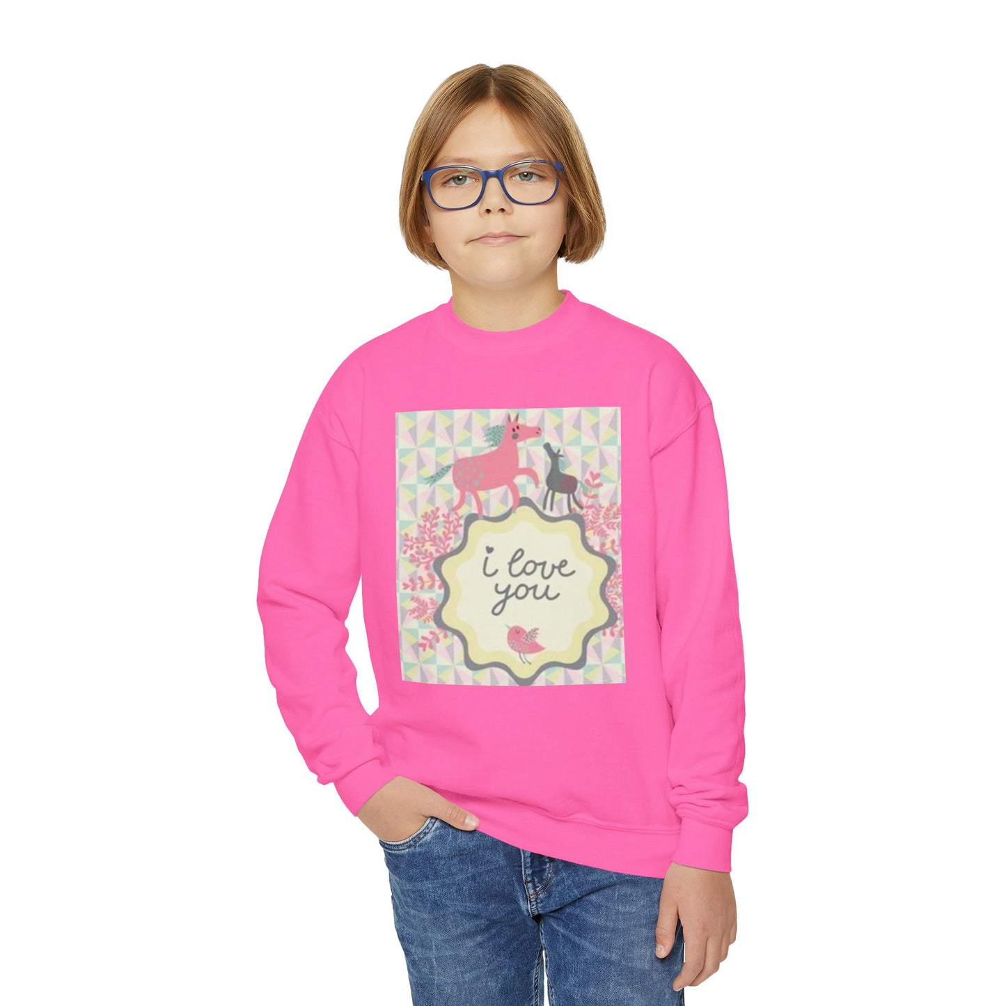Youth Crewneck Sweatshirt with "I Love You" Unicorn Design