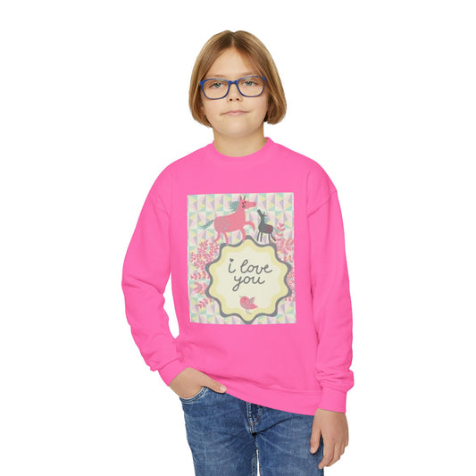 Youth Crewneck Sweatshirt with "I Love You" Unicorn Design