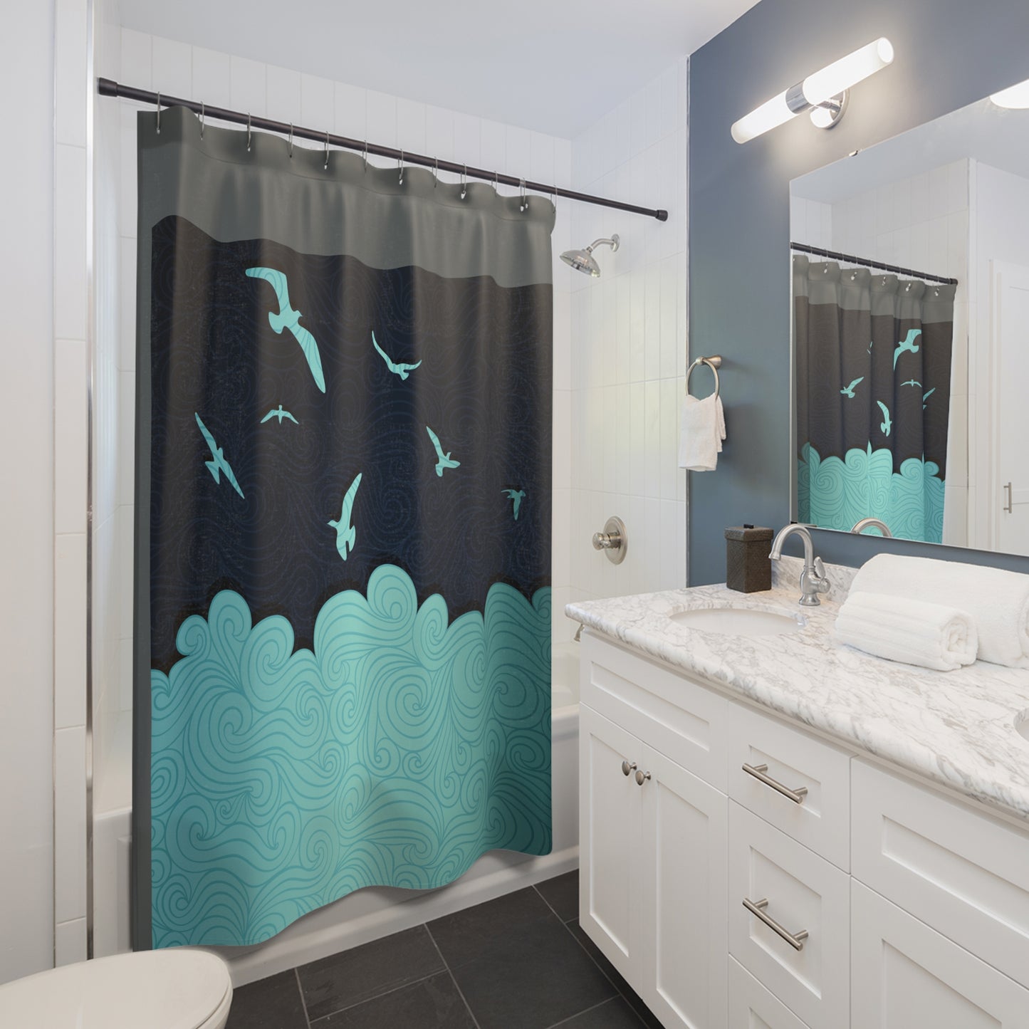 Ocean Breeze Shower Curtain - Coastal Home Decor with Waves and Birds