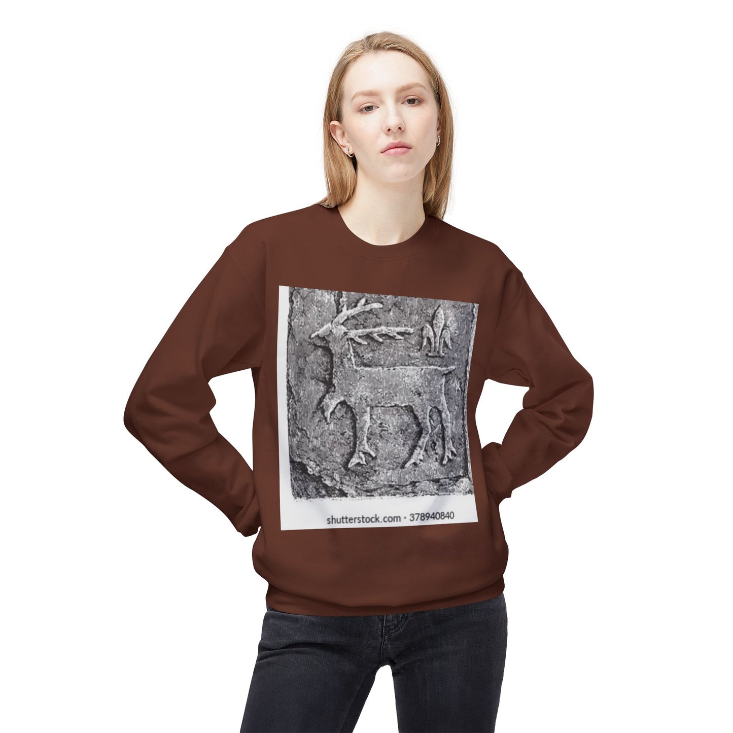 Vintage-Inspired Fleece Crewneck Sweatshirt with Ancient Deer Design