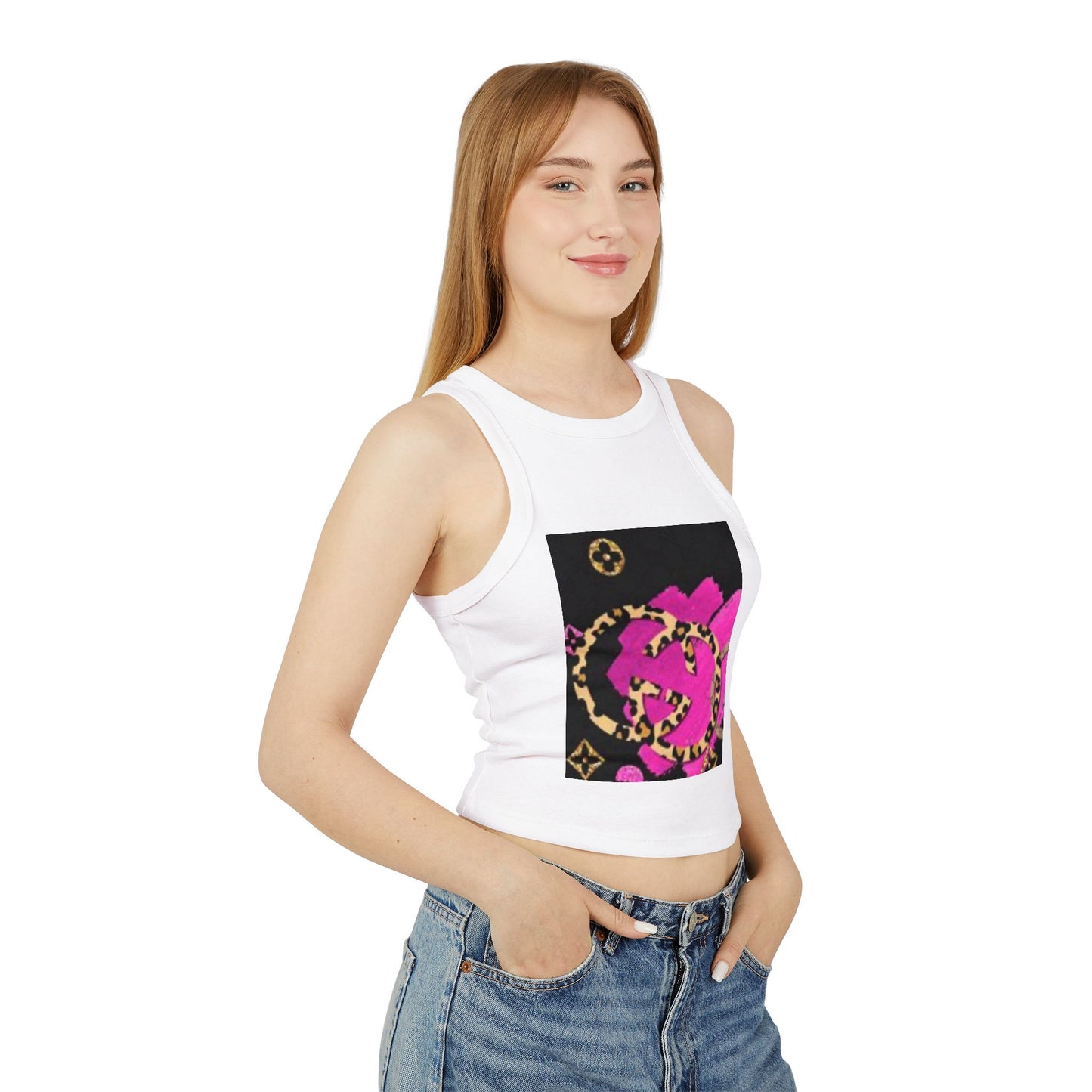Chic Women's Micro Rib Racer Tank Top with Bold Graphic Print
