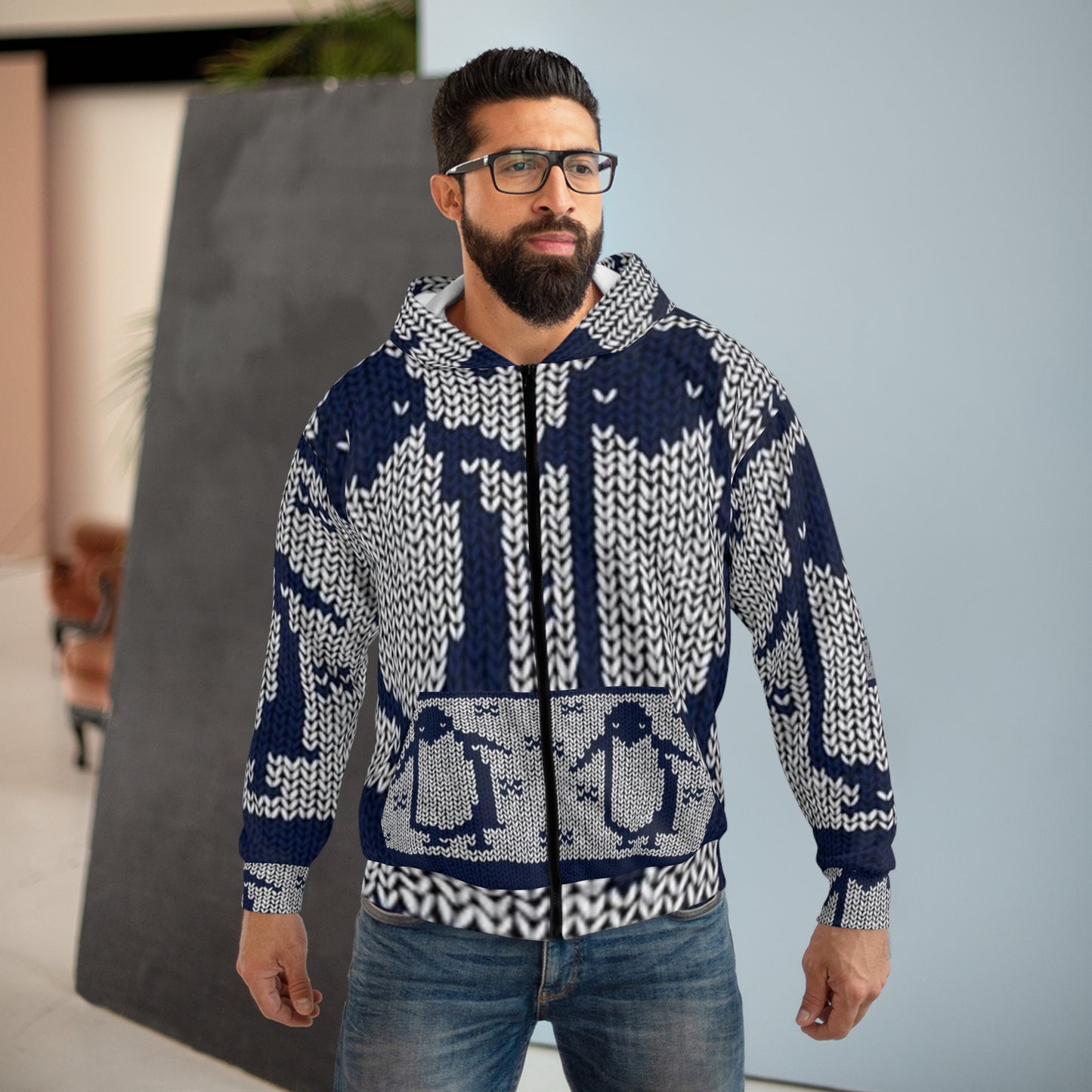 Cozy Penguin Knit Unisex Zip Hoodie - Perfect for Winter Adventures