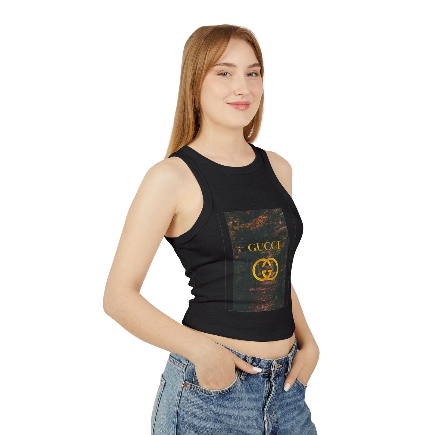 Trendy Women's Micro Rib Racer Tank Top with GUCCI Graphic - Casual Chic Style for Everyday Wear