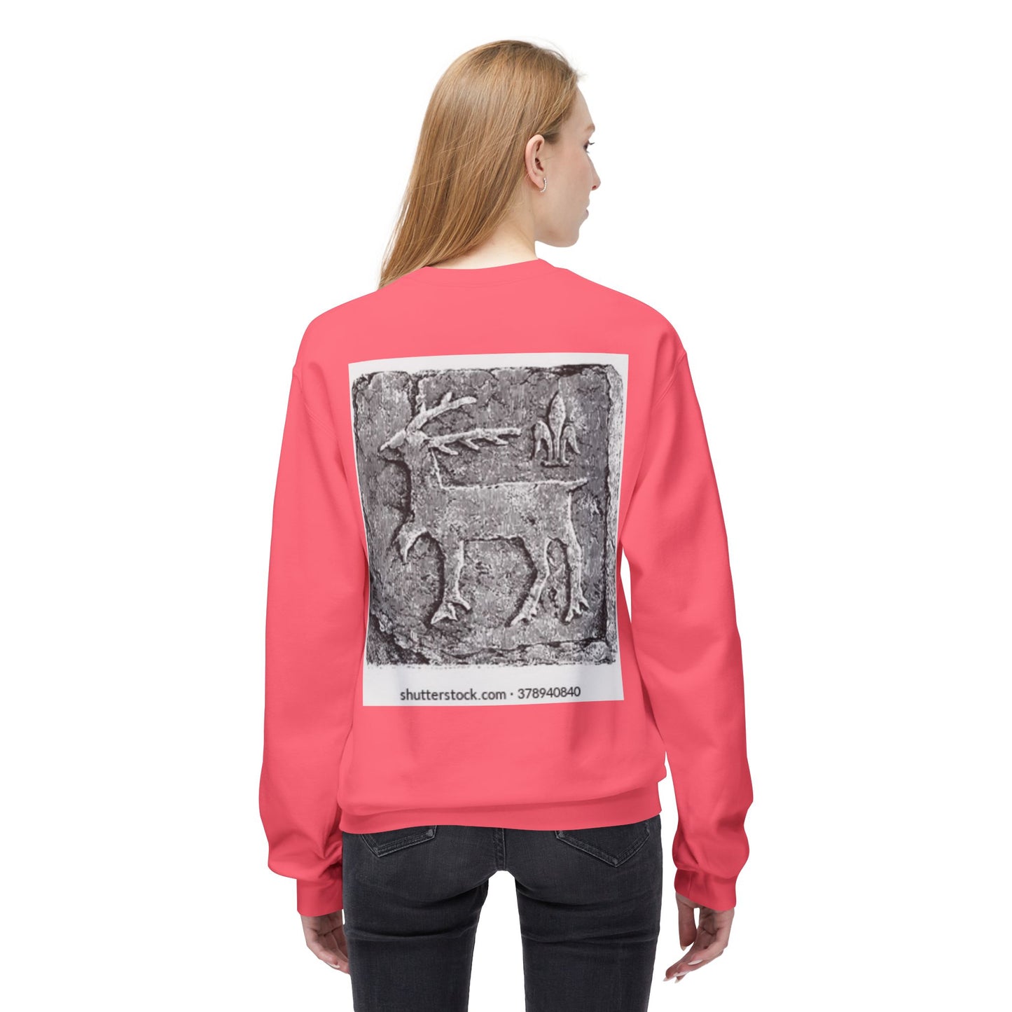 Vintage-Inspired Fleece Crewneck Sweatshirt with Ancient Deer Design