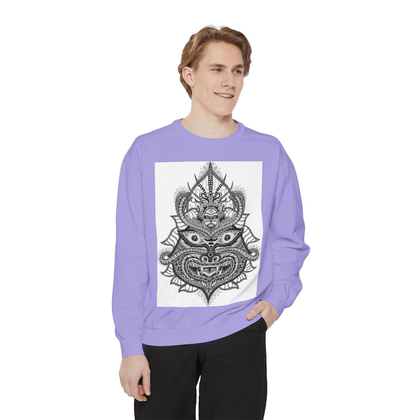 Unique Unisex Garment-Dyed Sweatshirt with Intricate Graphic Design