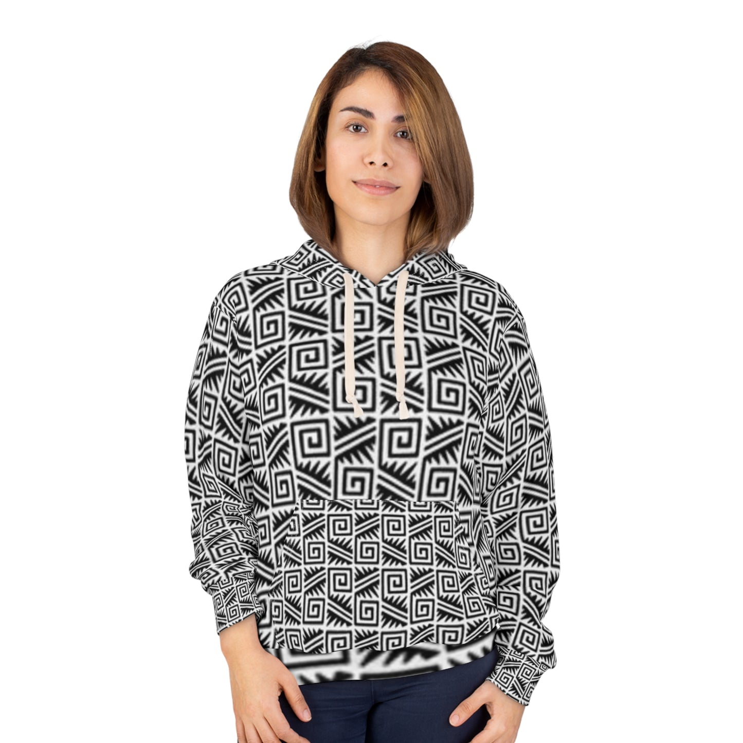 Geometric Spiral Unisex Pullover Hoodie - Cozy Black and White Design